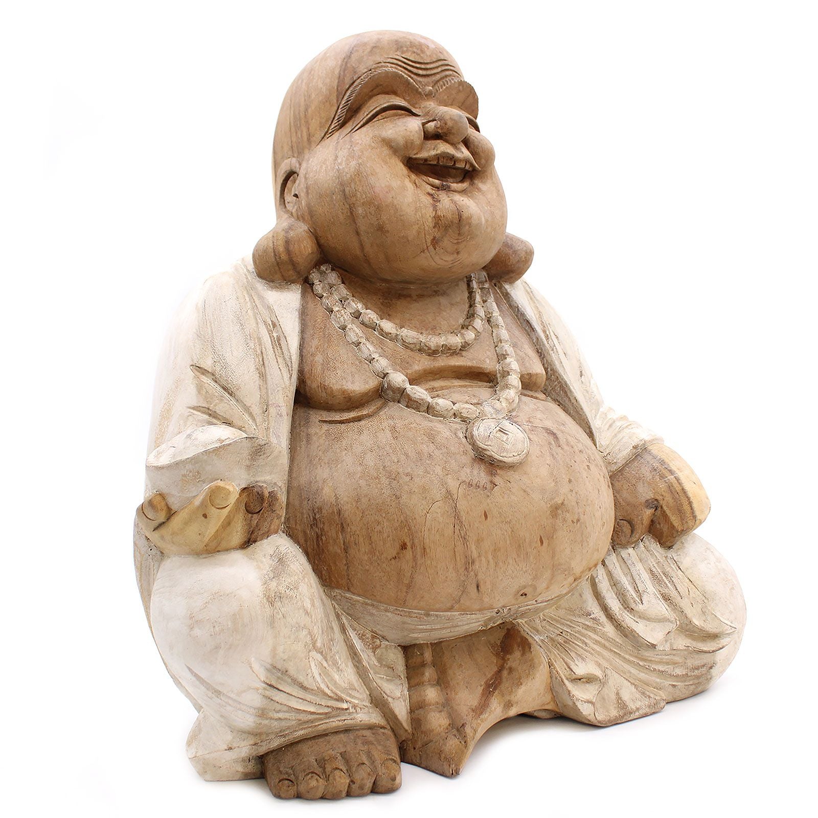 Happy Buddha Whitewash Hand Carved Statue 50cm for Home Decor