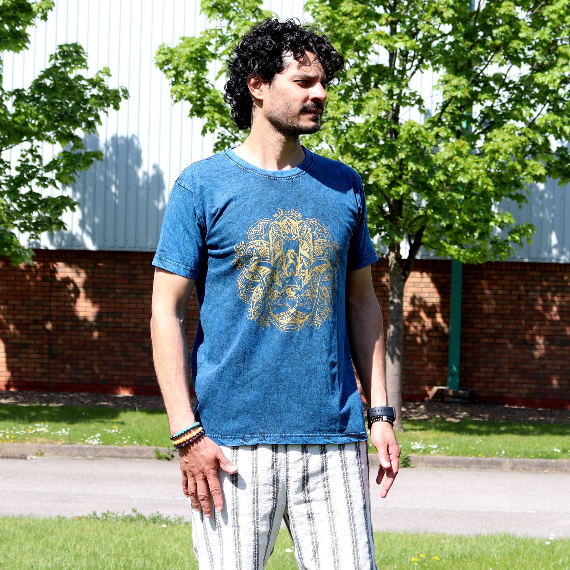 Nomad Sari Stonewashed Cotton T Shirt with Hamsa Design in Blue
