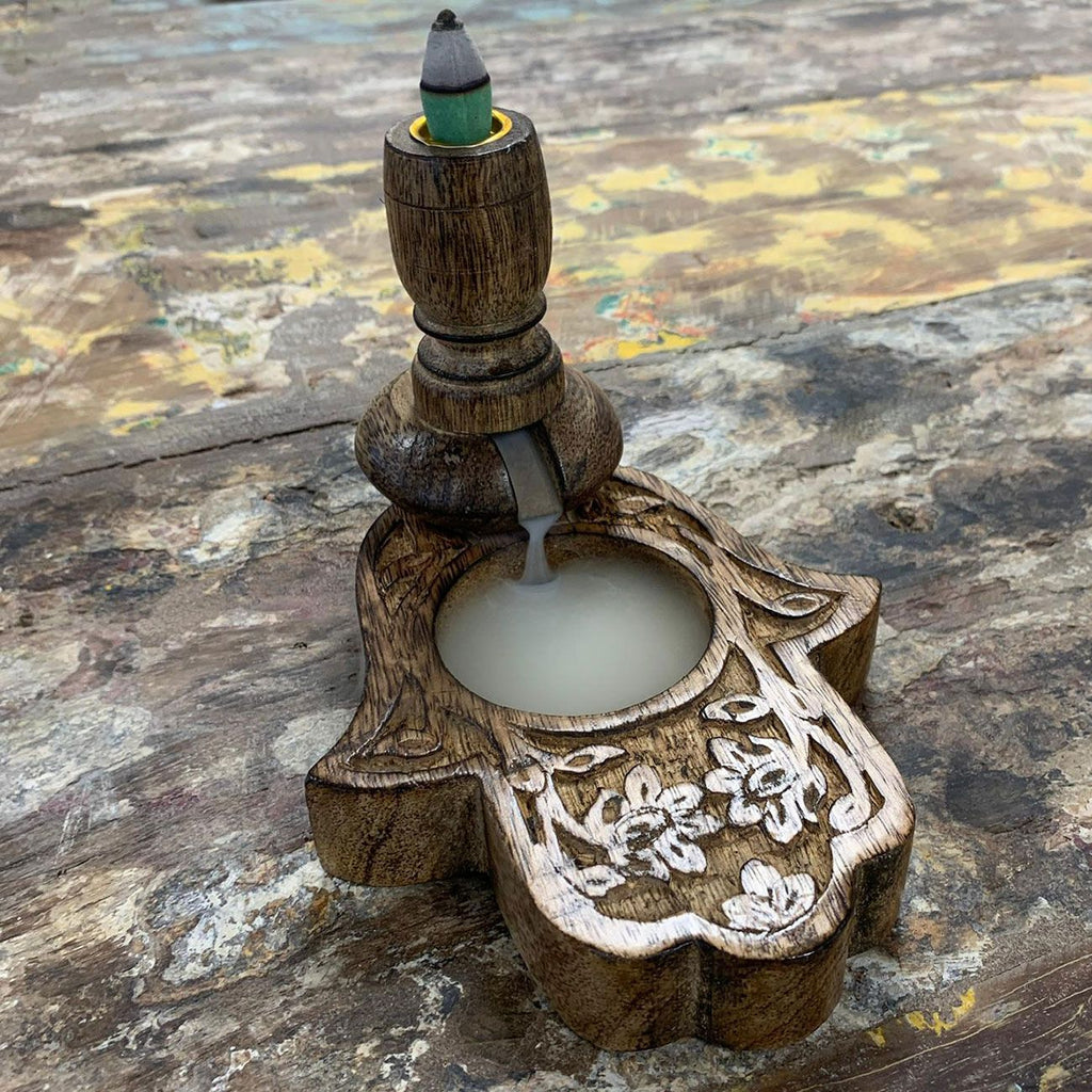 Small Mango Wood Backflow Burner Hamsa with Intricate Design Details