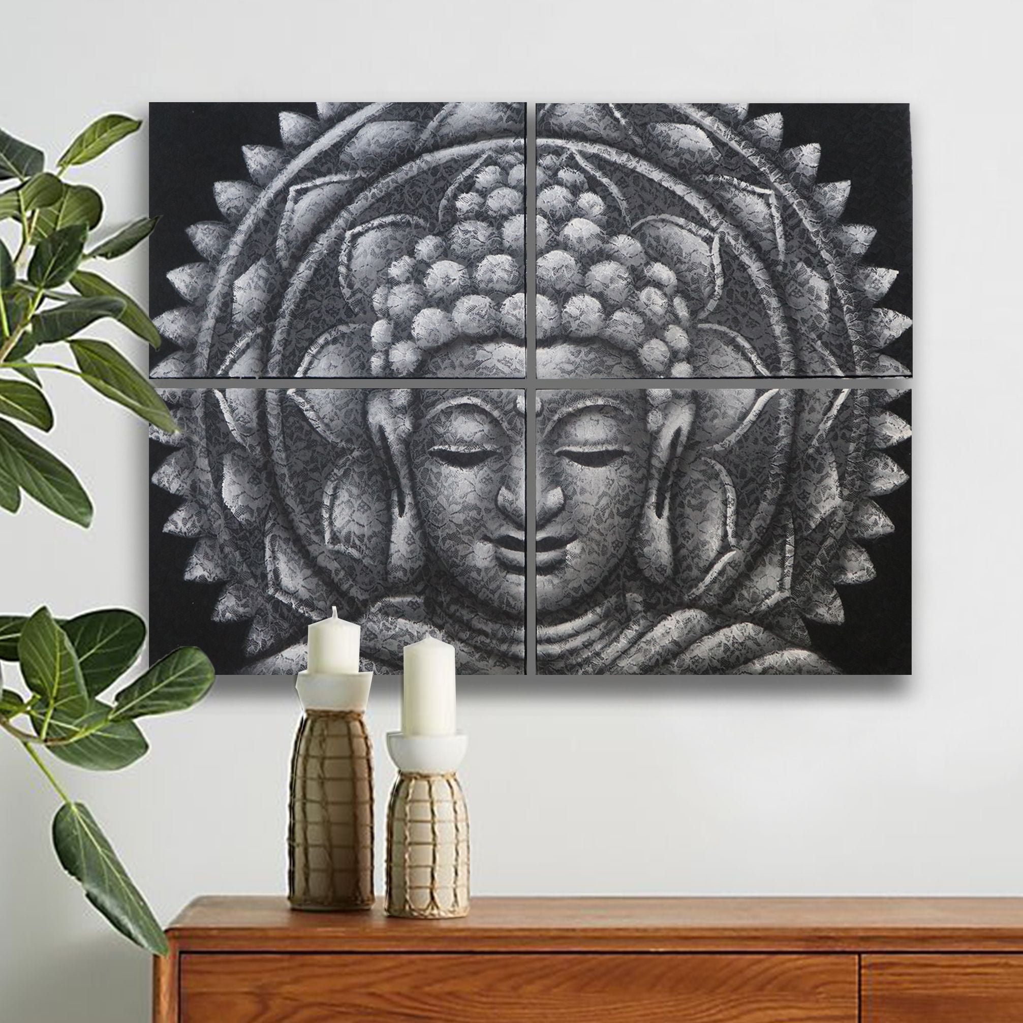 Set of 4 Grey Buddha Mandala Brocade Detail Paintings 30x40cm