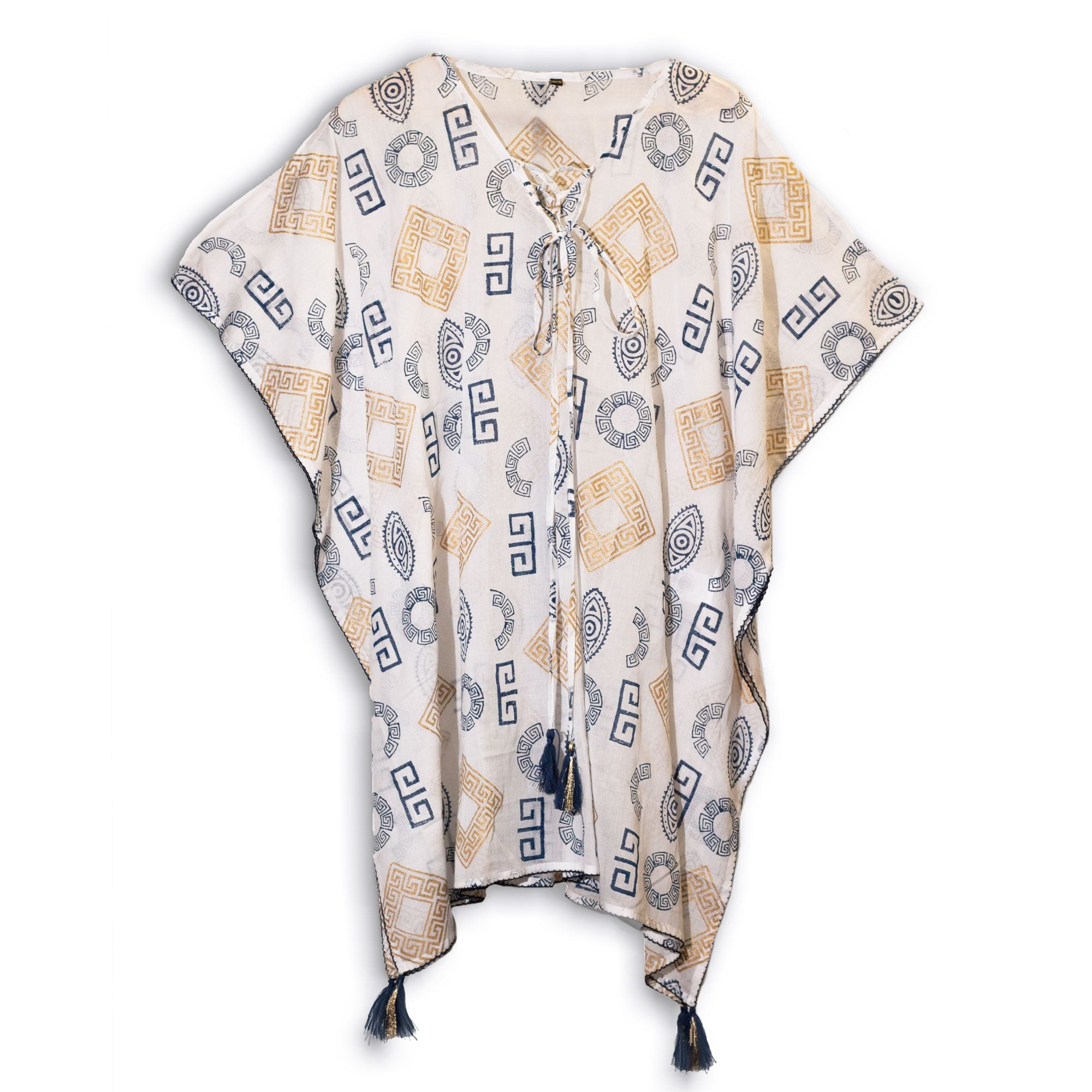 Nomad Sari Kaftan in Blue and Gold with Greek Motif Design