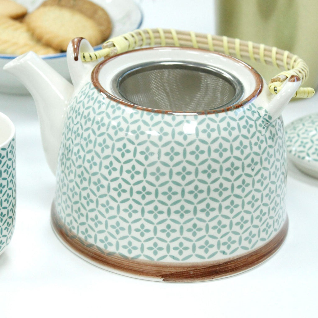 Herbal Teapot Set Green Mosaic with Matching Cups for Tea Lovers