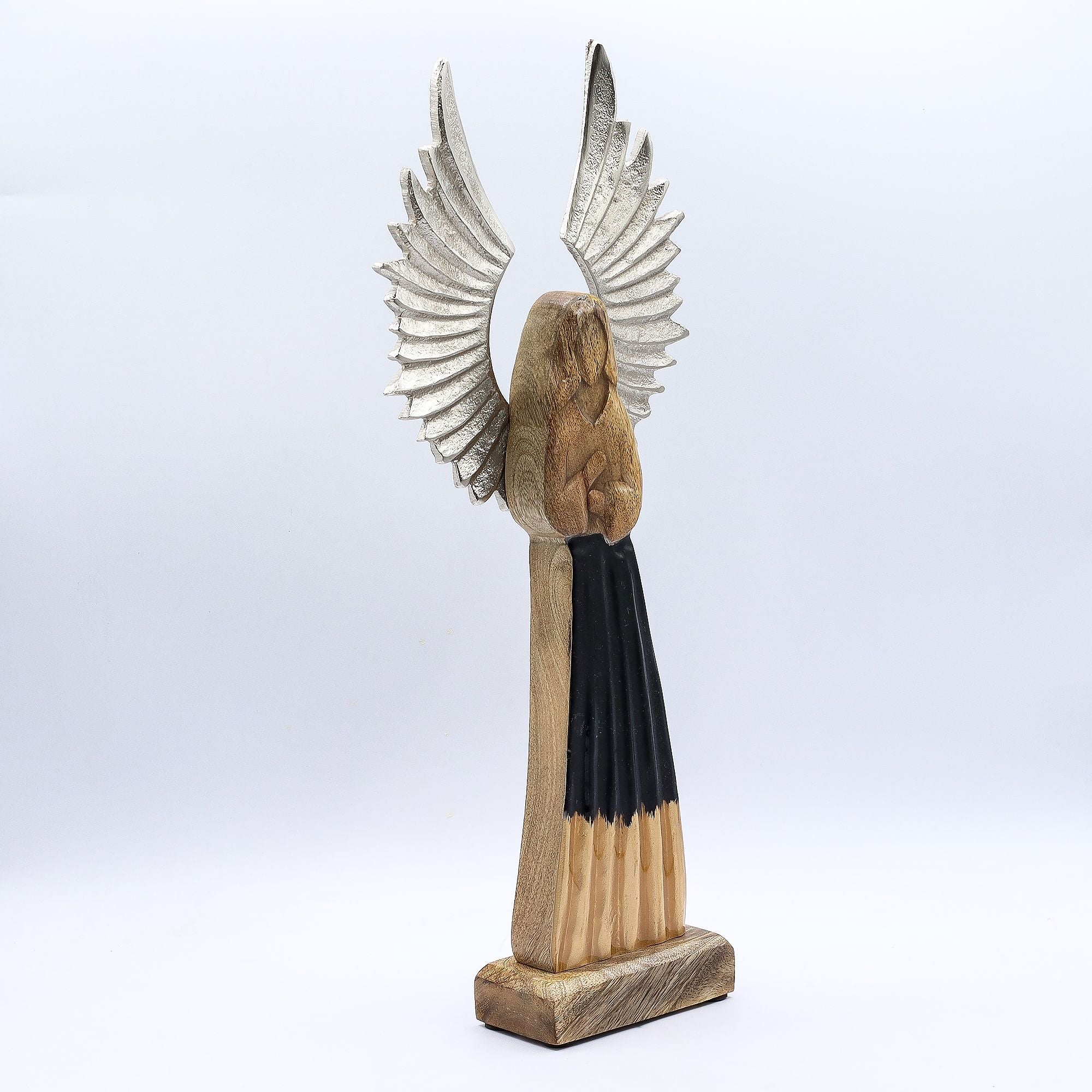 Large Mango Wood Guardian Angel with Metal Wings & Enamel Detail