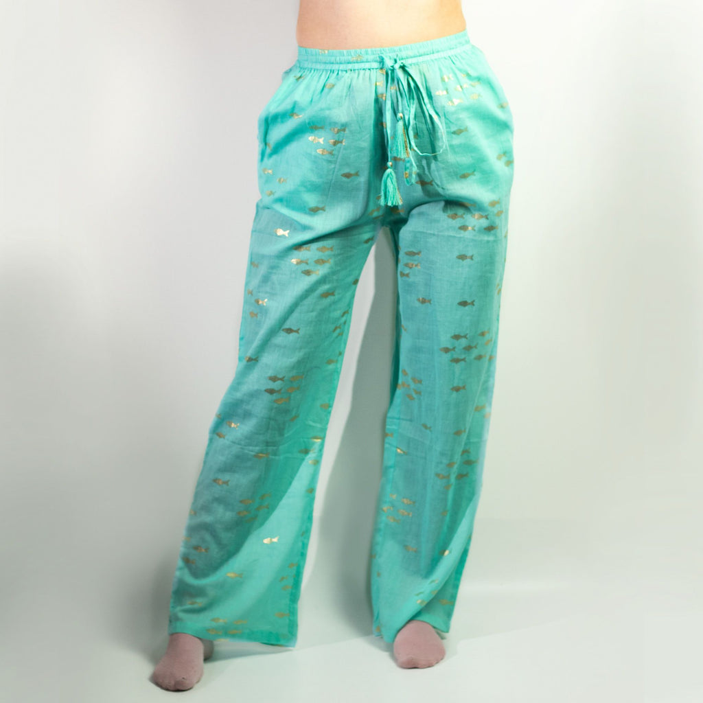 Nomad Sari Lounge Pants L/XL in Turquoise with Gold Fish Design