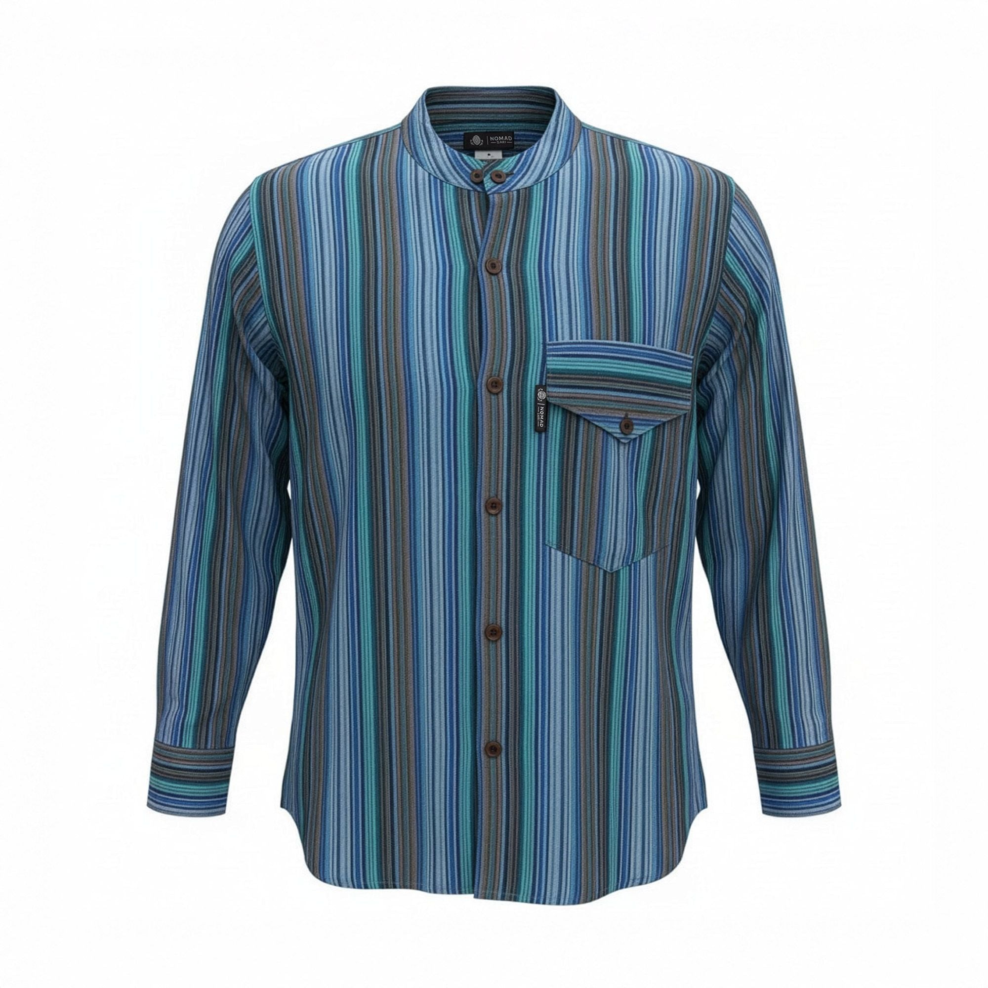 Nomad Sari Grandad Shirt in Turquoise with Striped Pattern