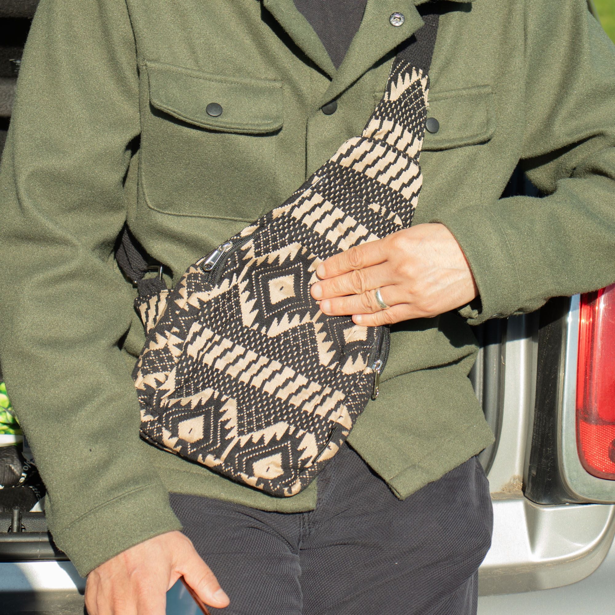 Nomad Sari Jacquard Natural Cross Bag with Desert Loom Design