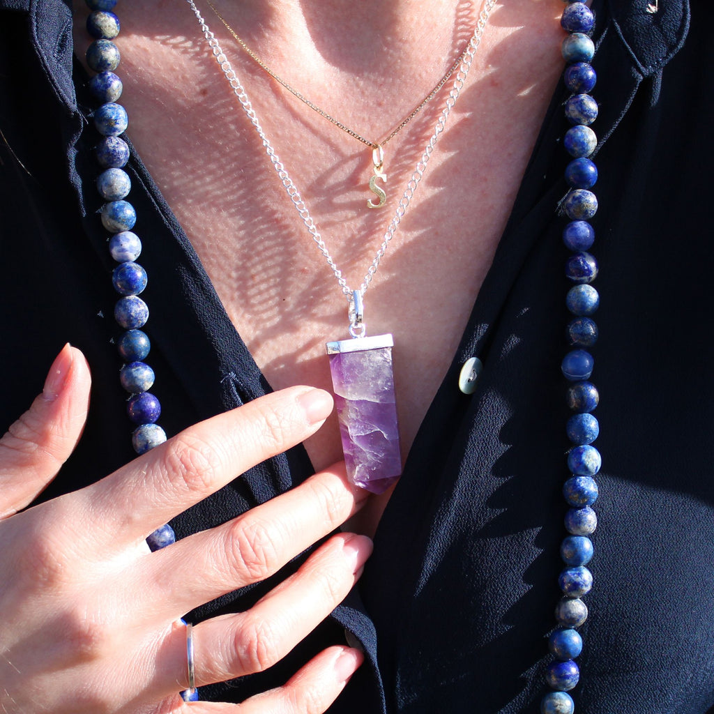 Gemstone Flat Pencil Pendant with Rose Quartz and Silver Chain