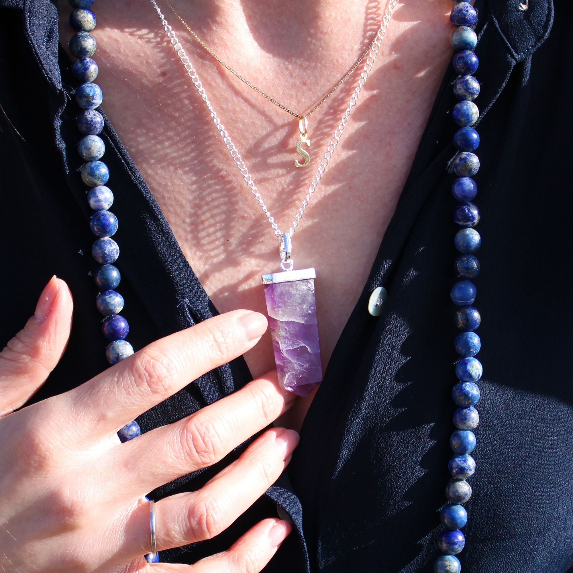 Gemstone Flat Pencil Pendant Necklace with Tiger Eye Design