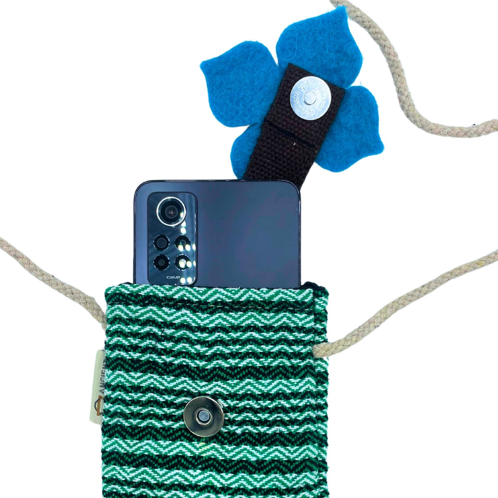 Handmade Phone Holder Bag with Green Stripes and Flower Decor