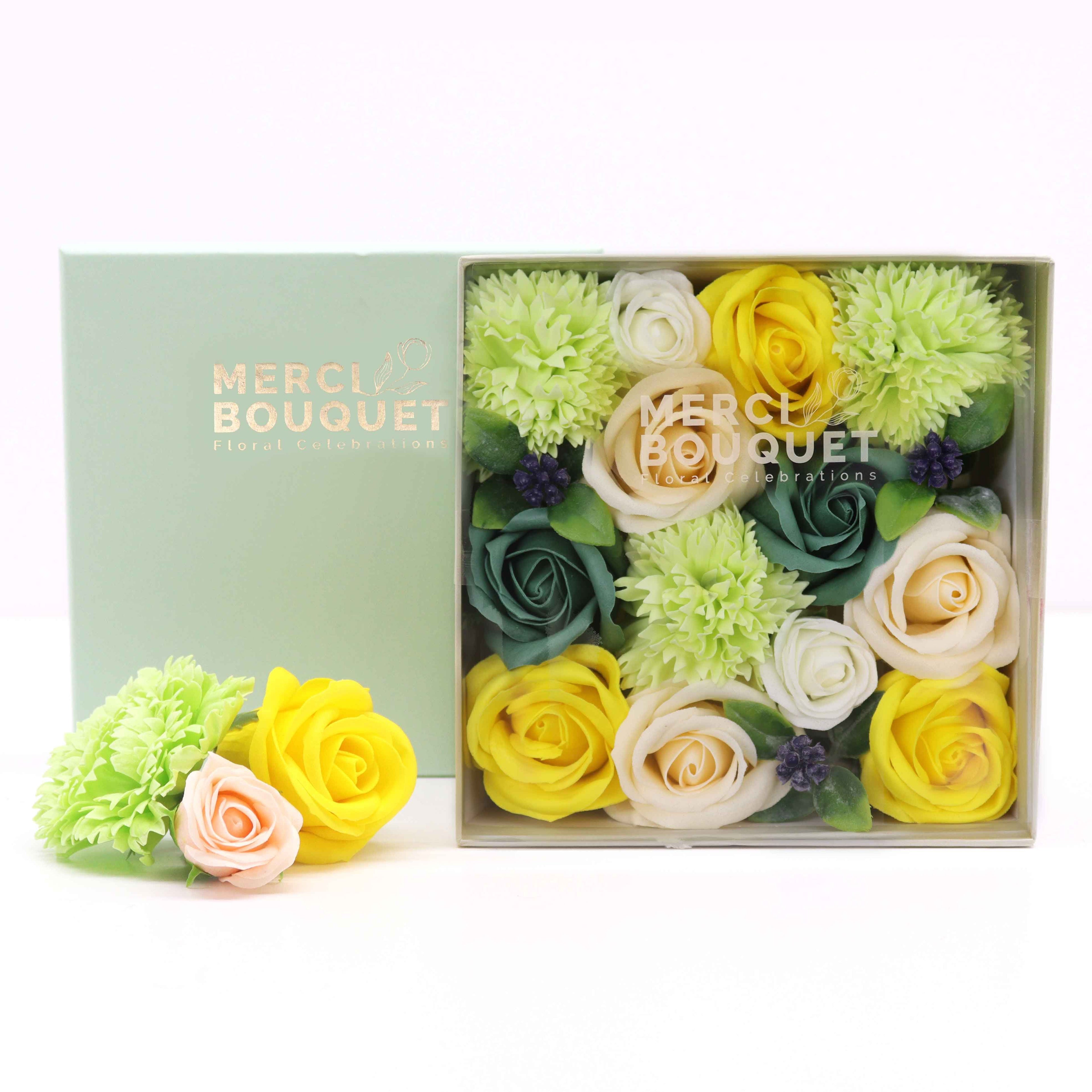 Square Box Spring Celebrations Soap Flowers in Yellow and Greens
