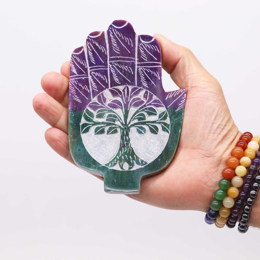 Soapstone Med Hamsa Incense Holder with Tree of Life Design