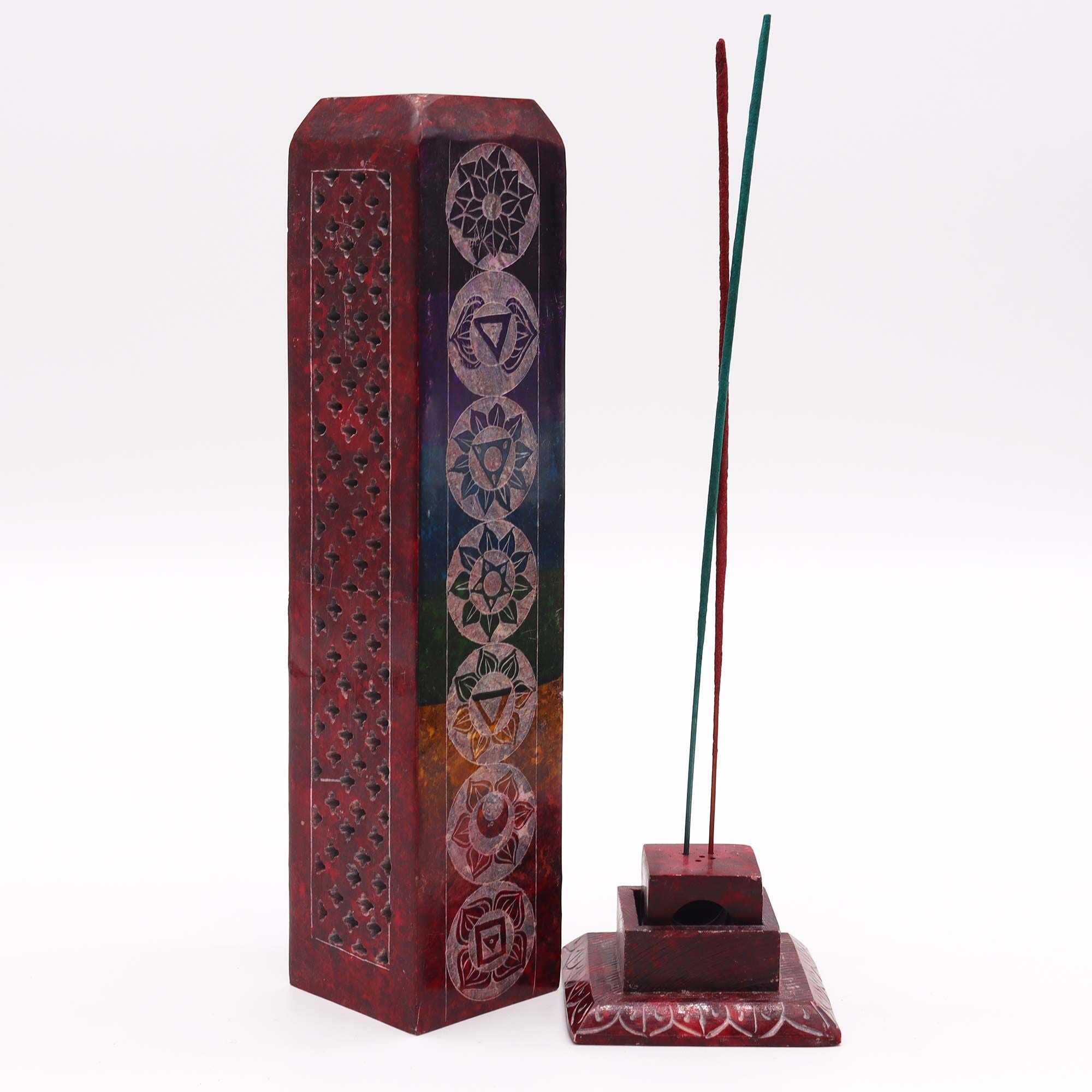 Soapstone Square Tower Incense Holder with 7 Chakra Design