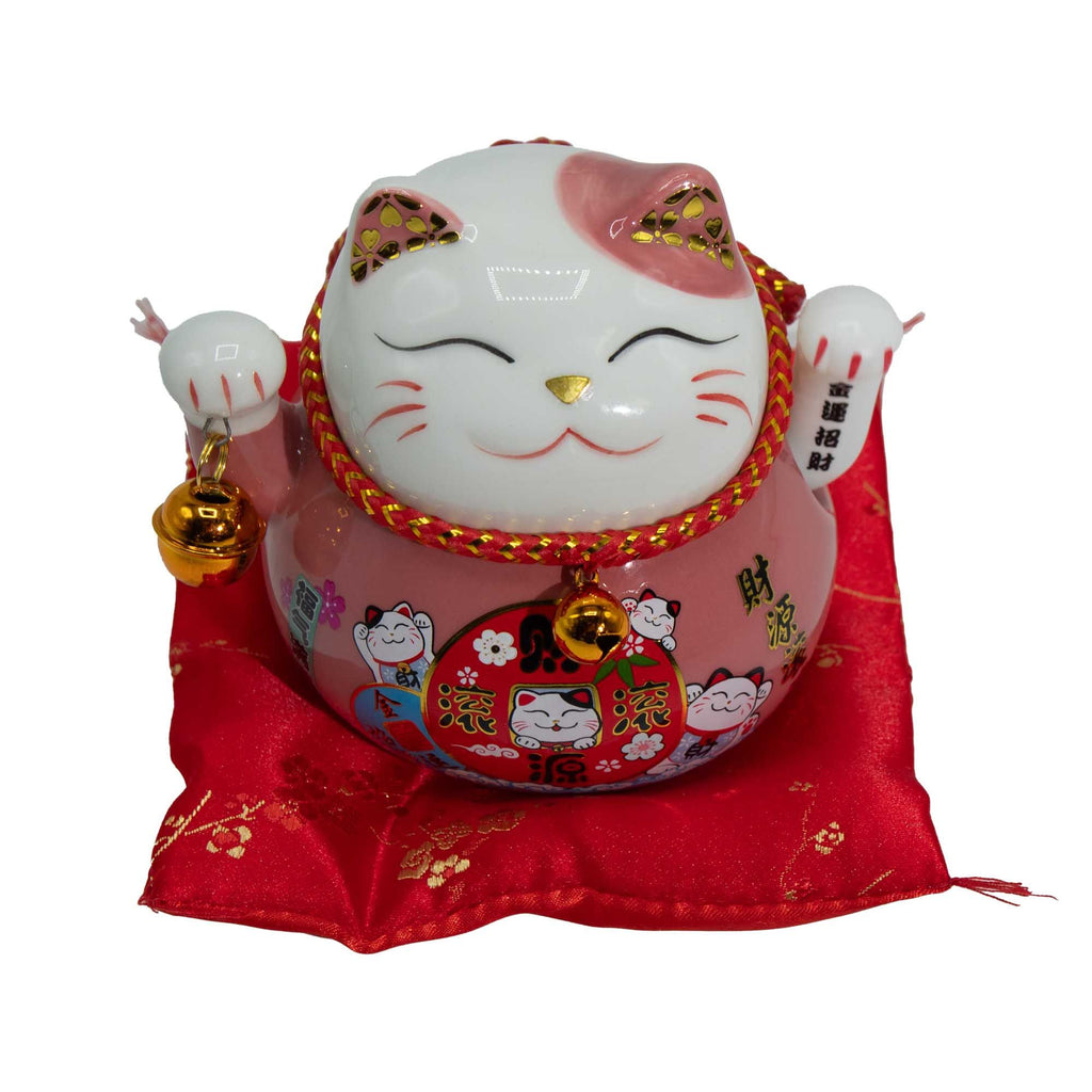 Ceramic Money Cat Moving Hand Pink on Cushion for Cheerful Decor