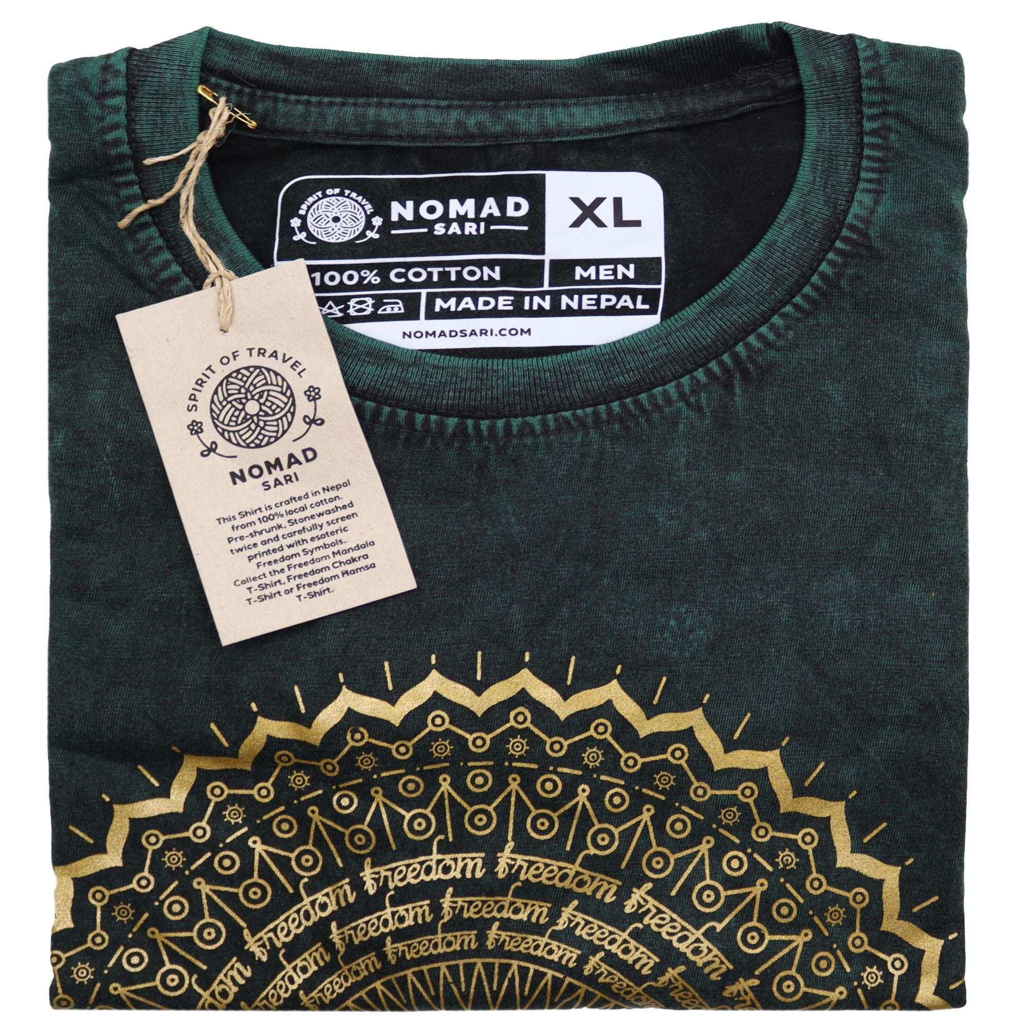 Nomad Sari Stonewashed Cotton T Shirt with Mandala Design Green
