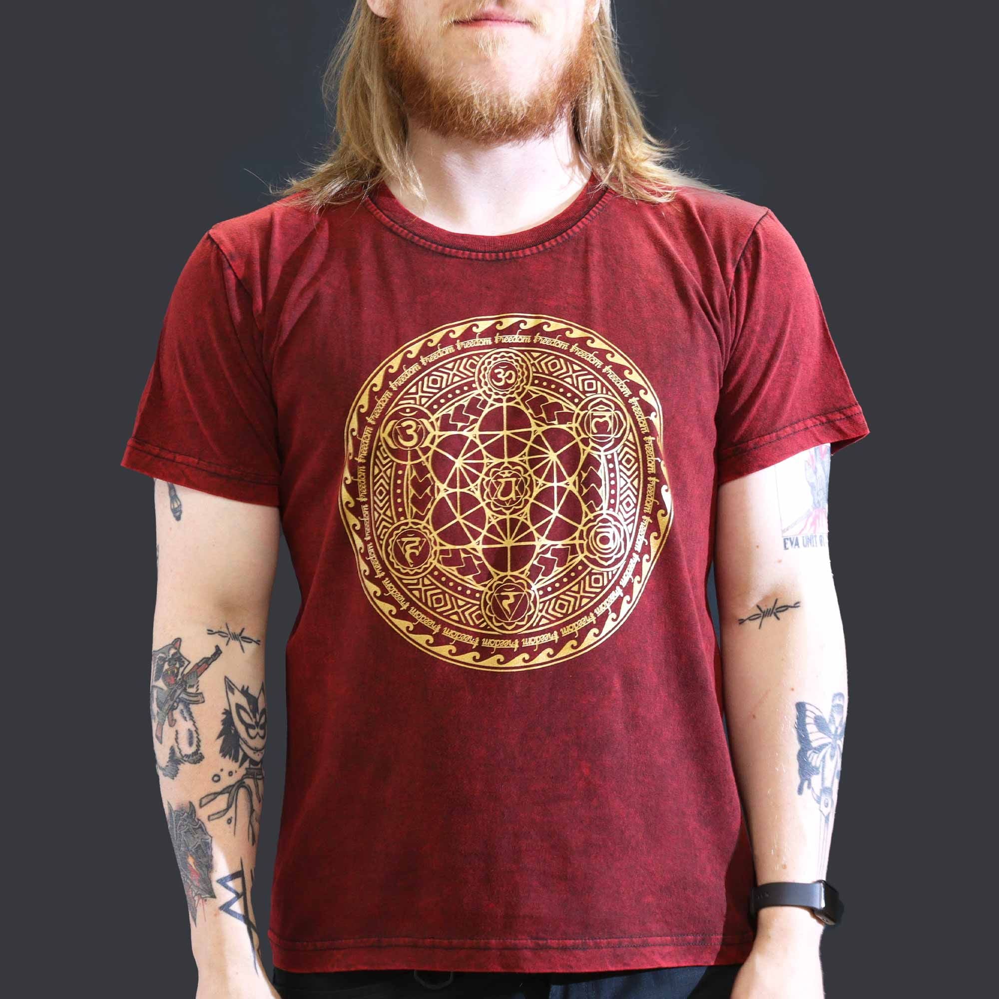Nomad Sari Stonewashed Cotton T Shirt with Chakra Design in Maroon