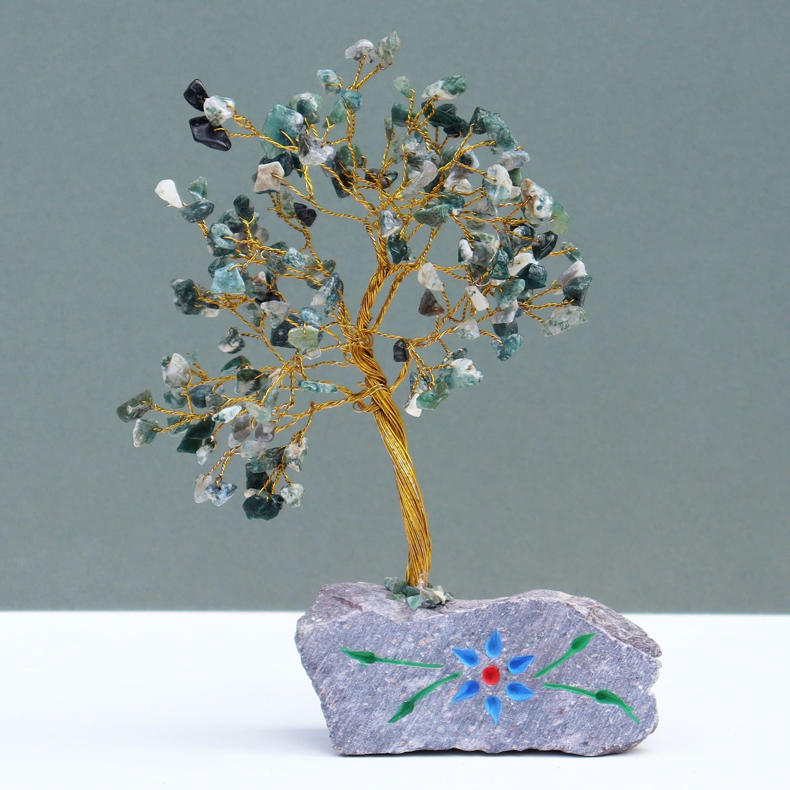 Moss Agate Gemstone Tree with Natural Rock Base for Home Decor