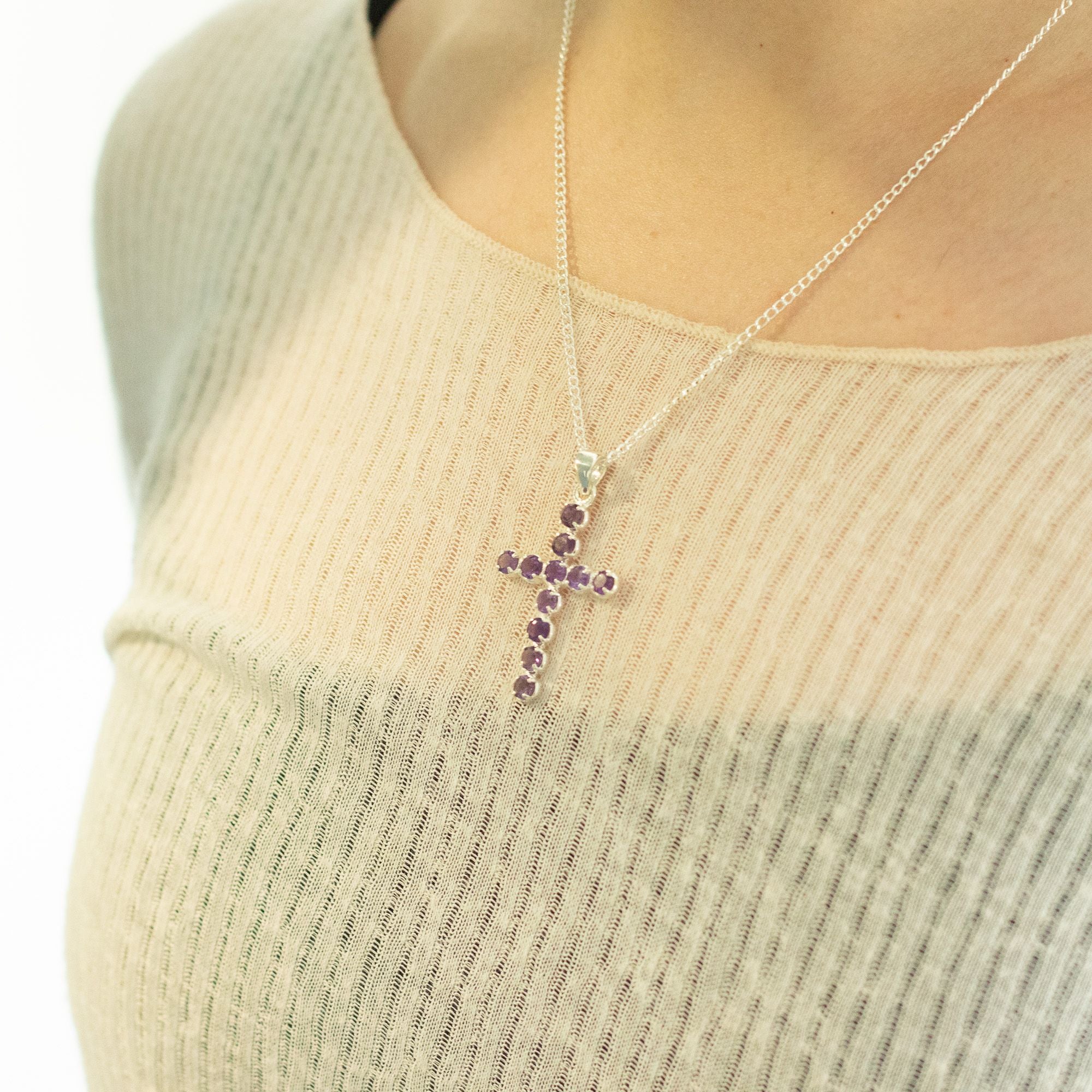 Indian Devotional Pendant with Amethyst Crucifix and Silver Chain