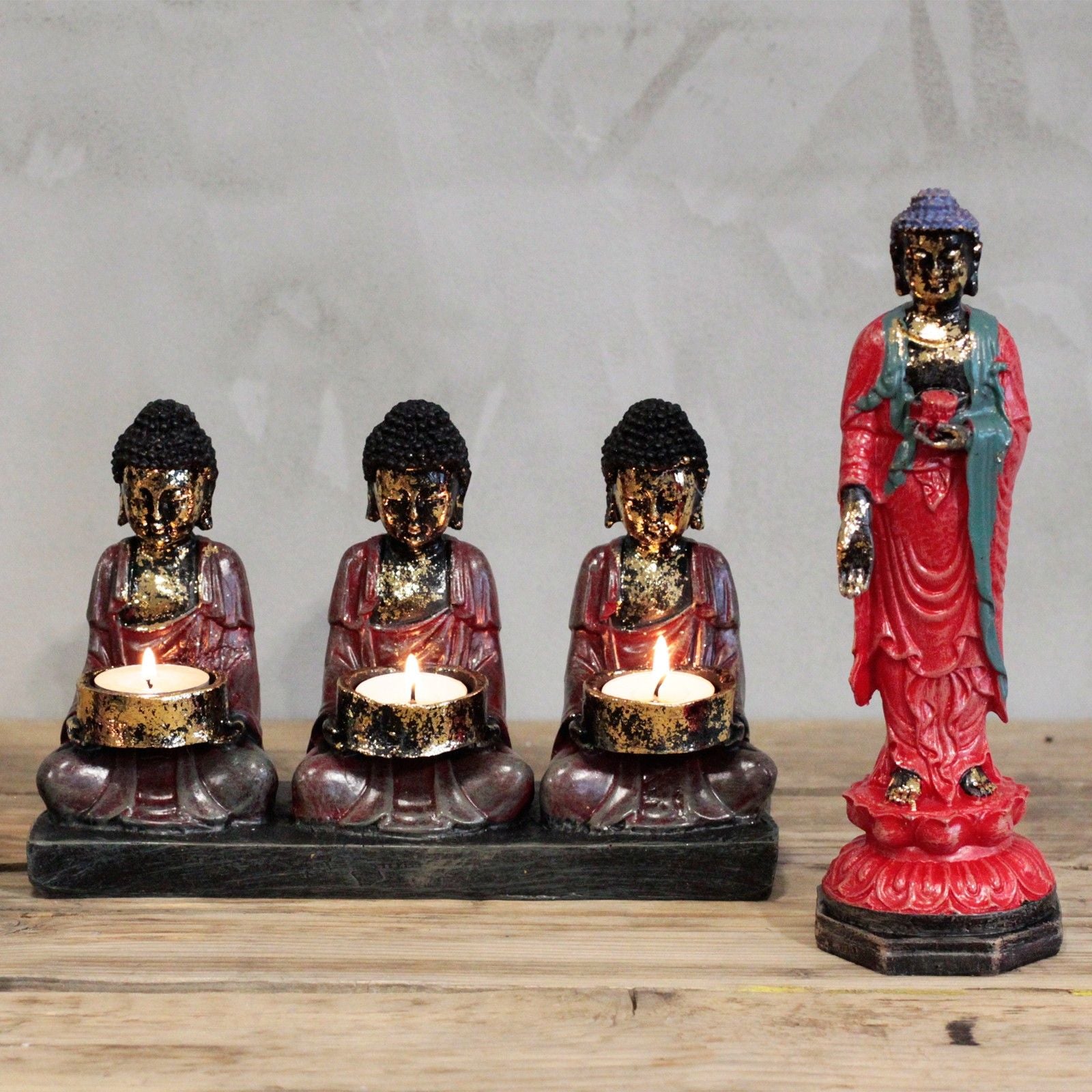 Antique Buddha Three Devotees Candle Holder for Elegant Decor