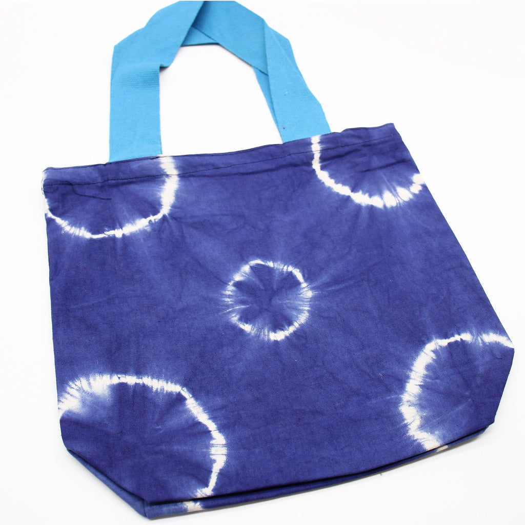 Natural Tie Dye Cotton Bag with Blue Rings and Comfortable Handle