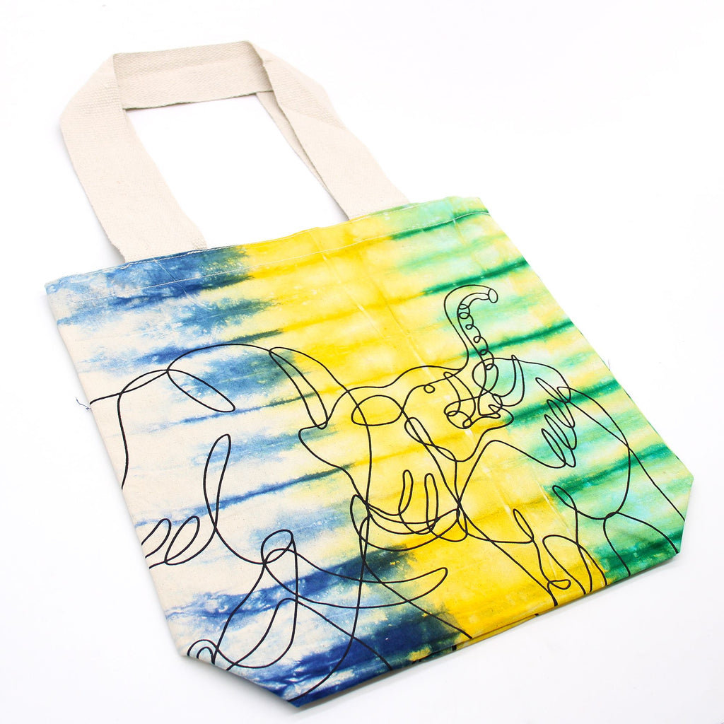 Tye Dye Cotton Bag with Elephants Pattern and Natural Handle