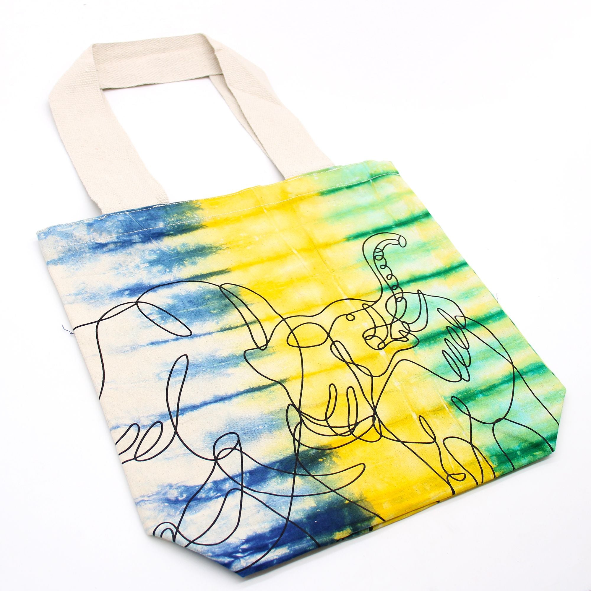 Tye Dye Cotton Bag with Elephants Pattern and Natural Handle
