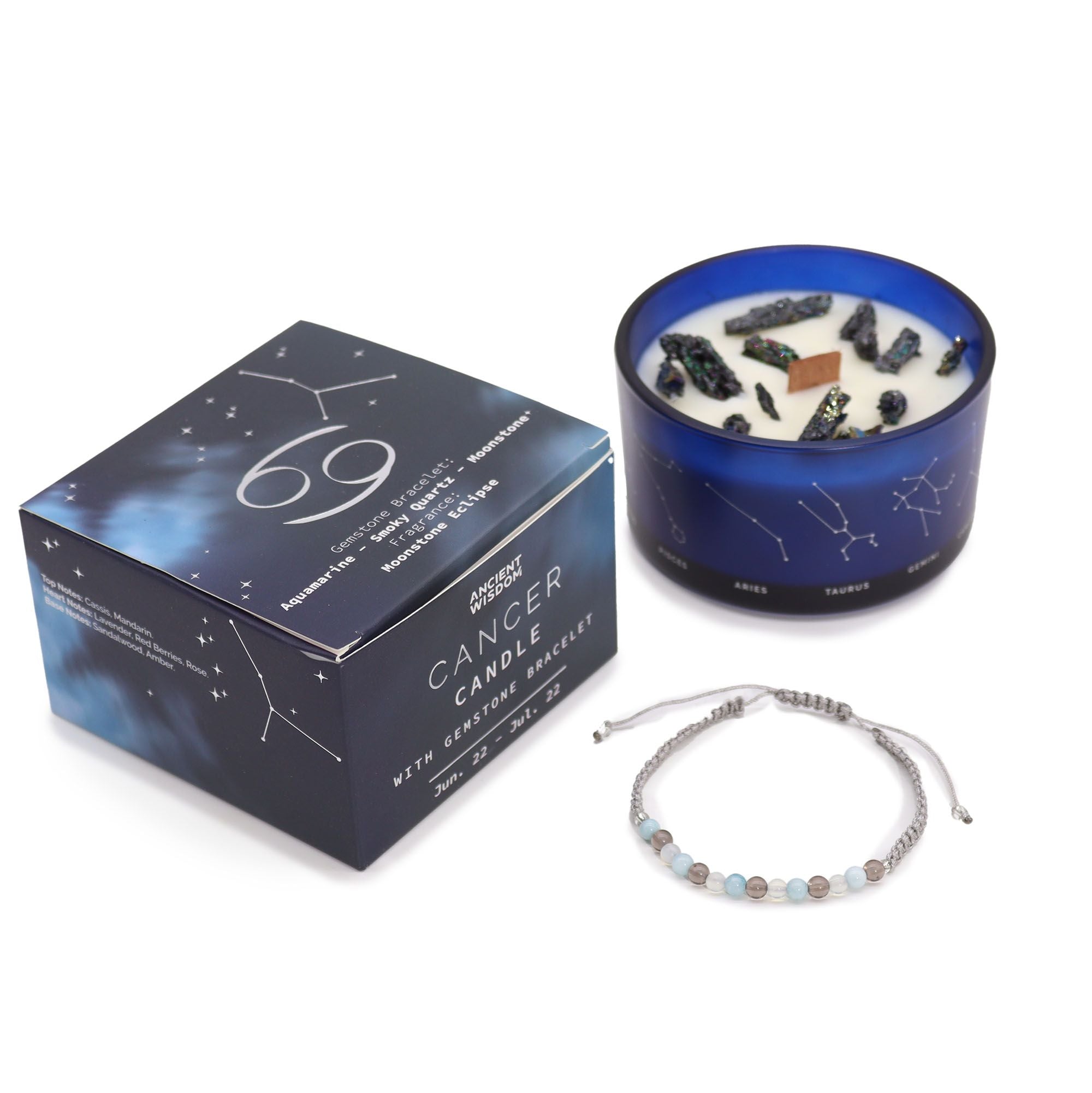 Zodiac Crystal Candle with Gemstone Bracelet for Cancer Sign