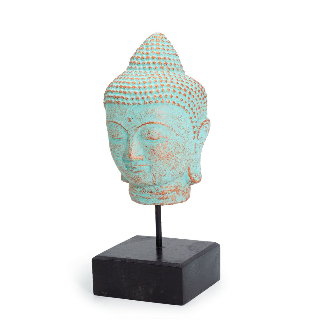 Stillness Buddha Head on Stand Serene Green Copper Home Decor Piece