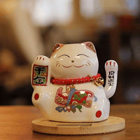 Solar Powered Japanese Lucky Cat on Wooden Base – Pink