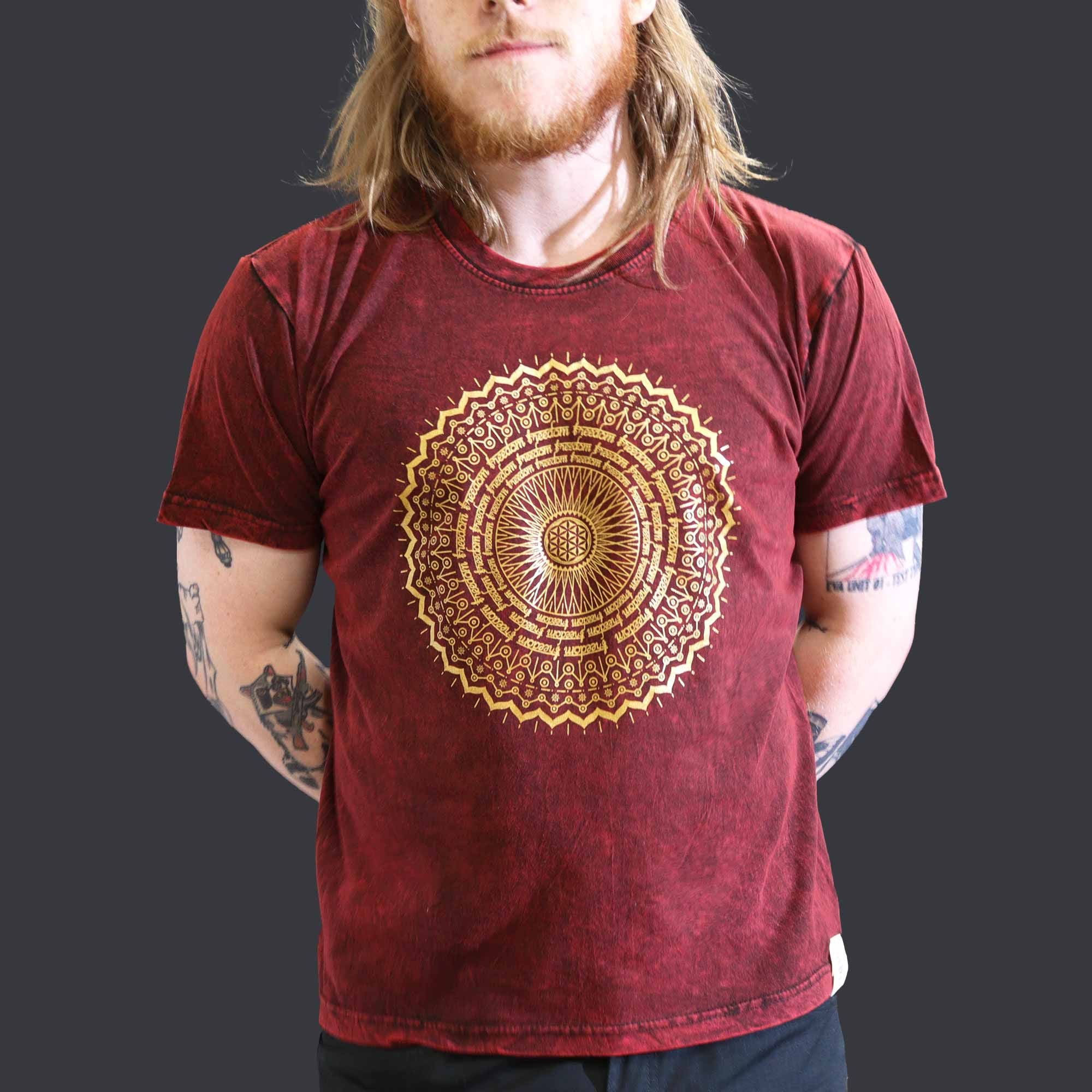 Nomad Sari Stonewashed Cotton T Shirt with Mandala Design Maroon