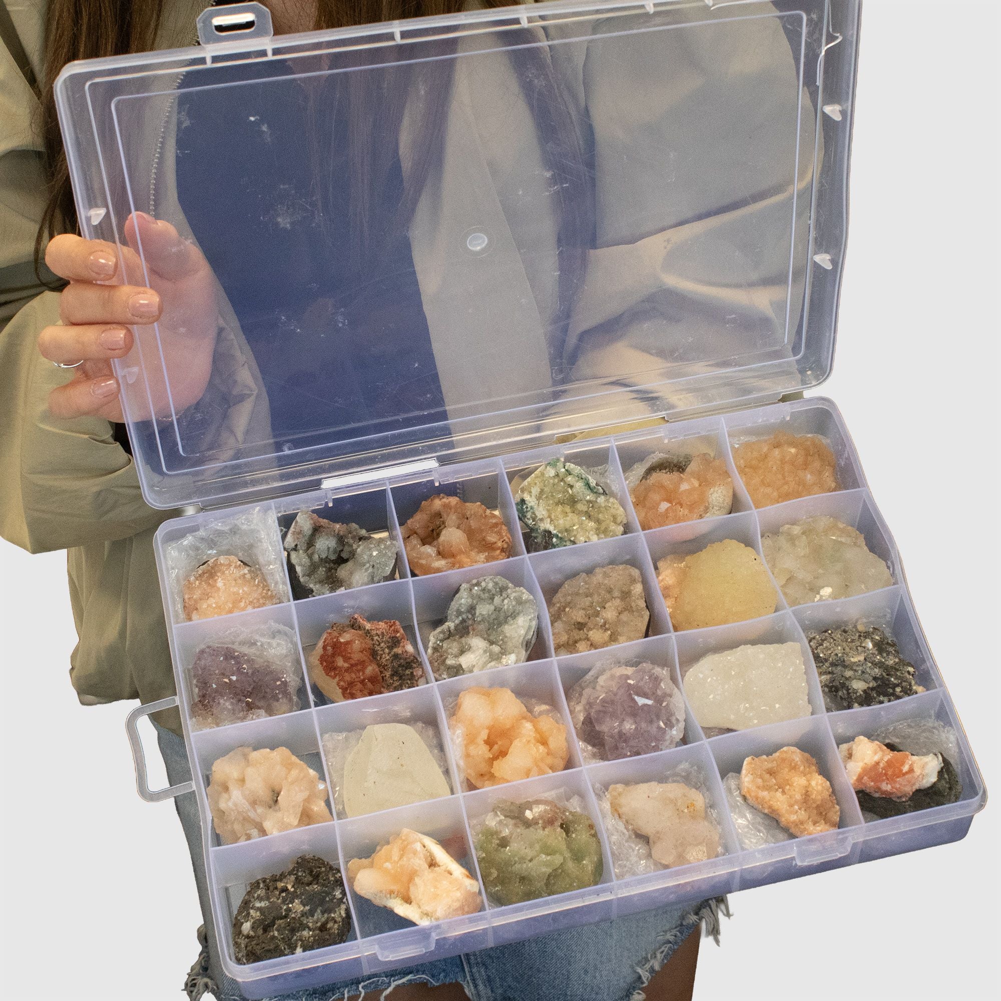 Mineral Specimens - Mixed Indian Zeolites in a Display (White Apophyllite, Stilbite,Finger Quartz, Amethyst, Green Stilbite, Heulandite)