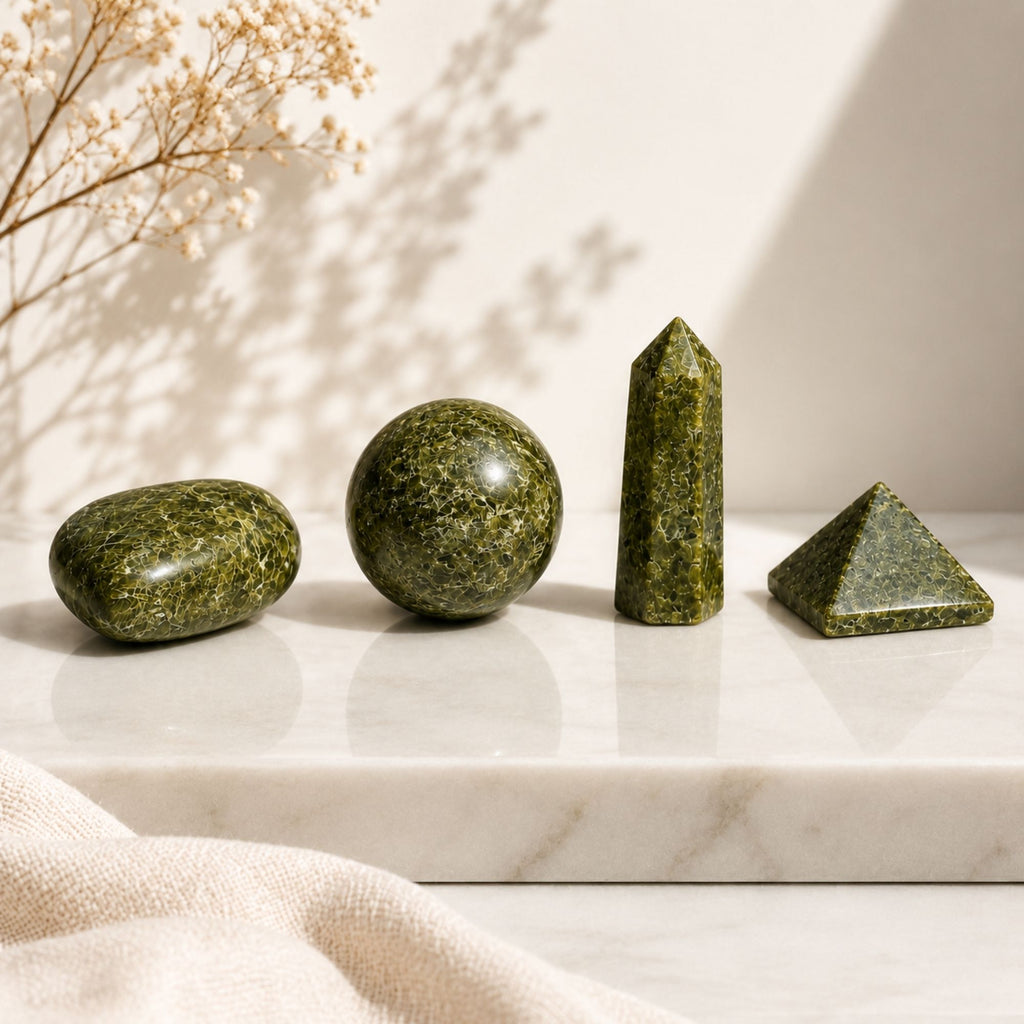 Four Unique Epidote Gemstone Shapes Set for Home Decor Lovers