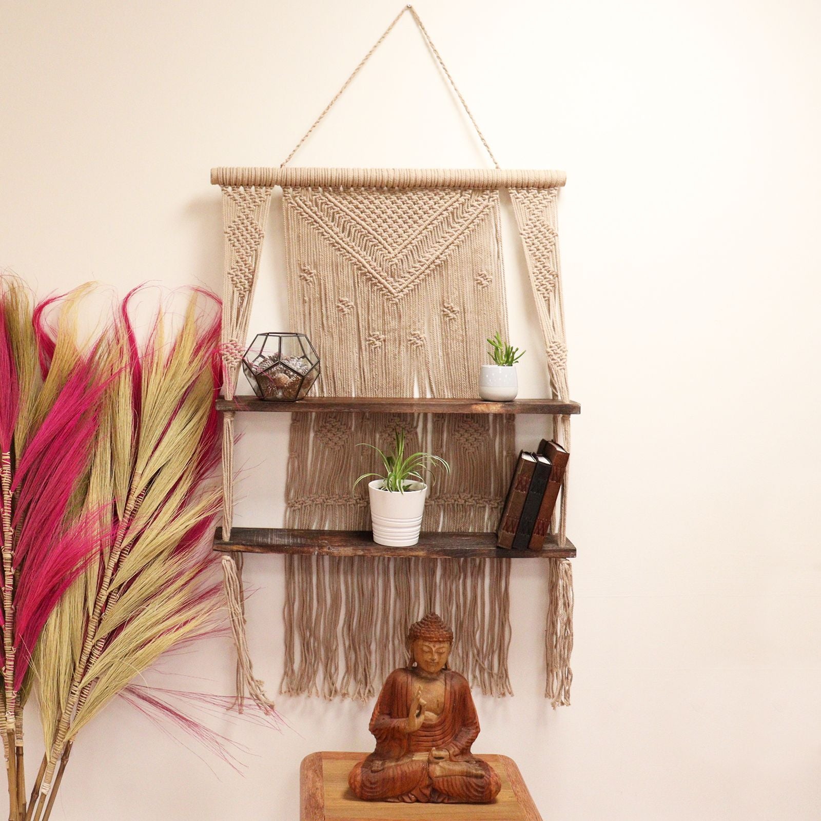 Brown Macrame Hanging Shelves for Boho Home Decor Display