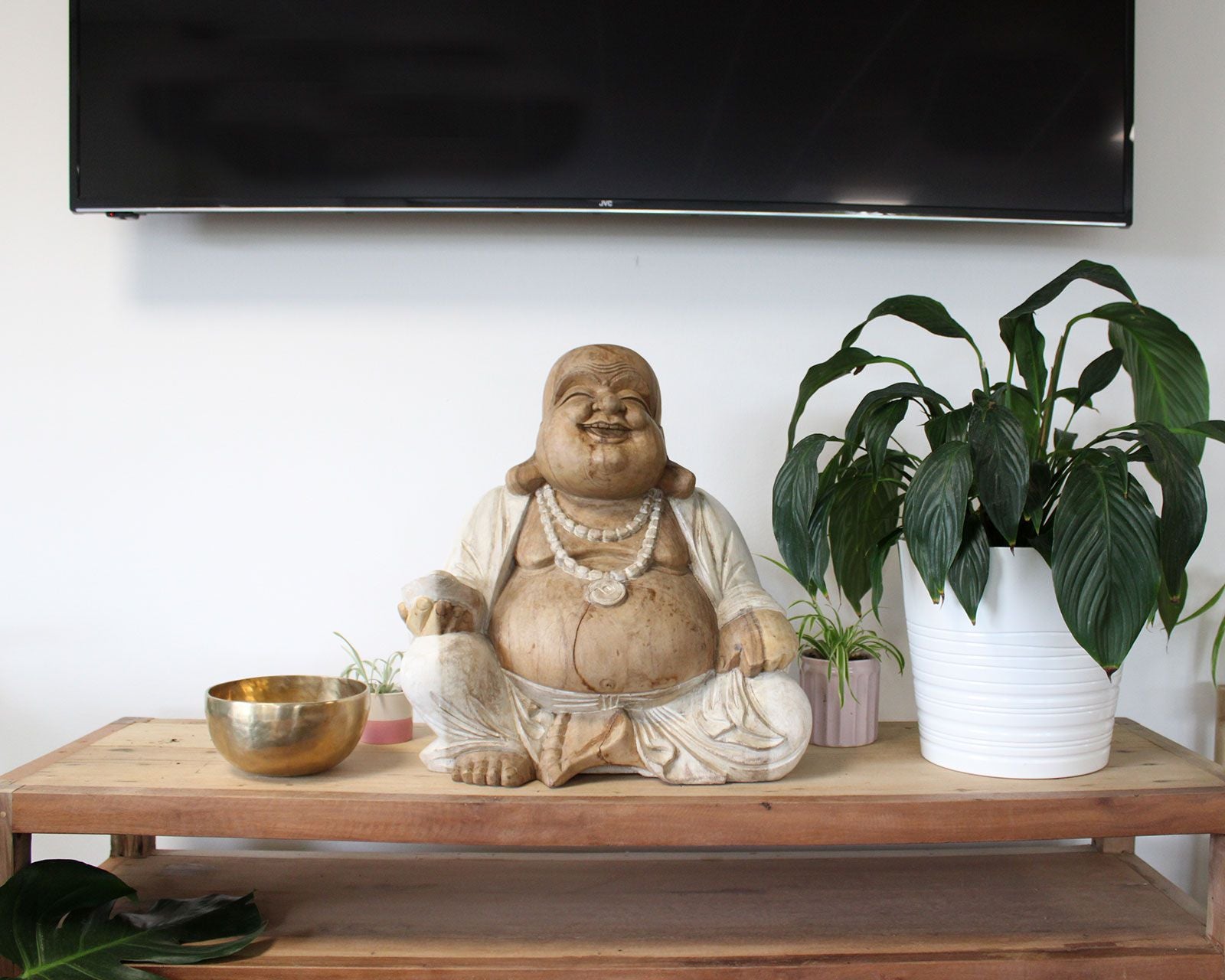 Happy Buddha Whitewash Hand Carved Statue 50cm for Home Decor