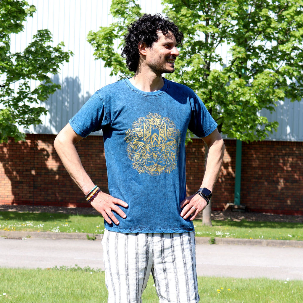 Nomad Sari Stonewashed Cotton T Shirt with Hamsa Design in Blue