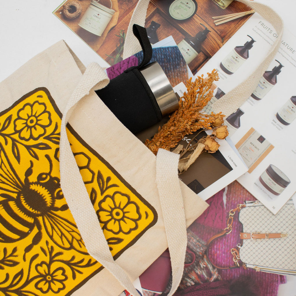 Nomad Sari Iconic Toni Tote Bag with Bee Kind Natural Design