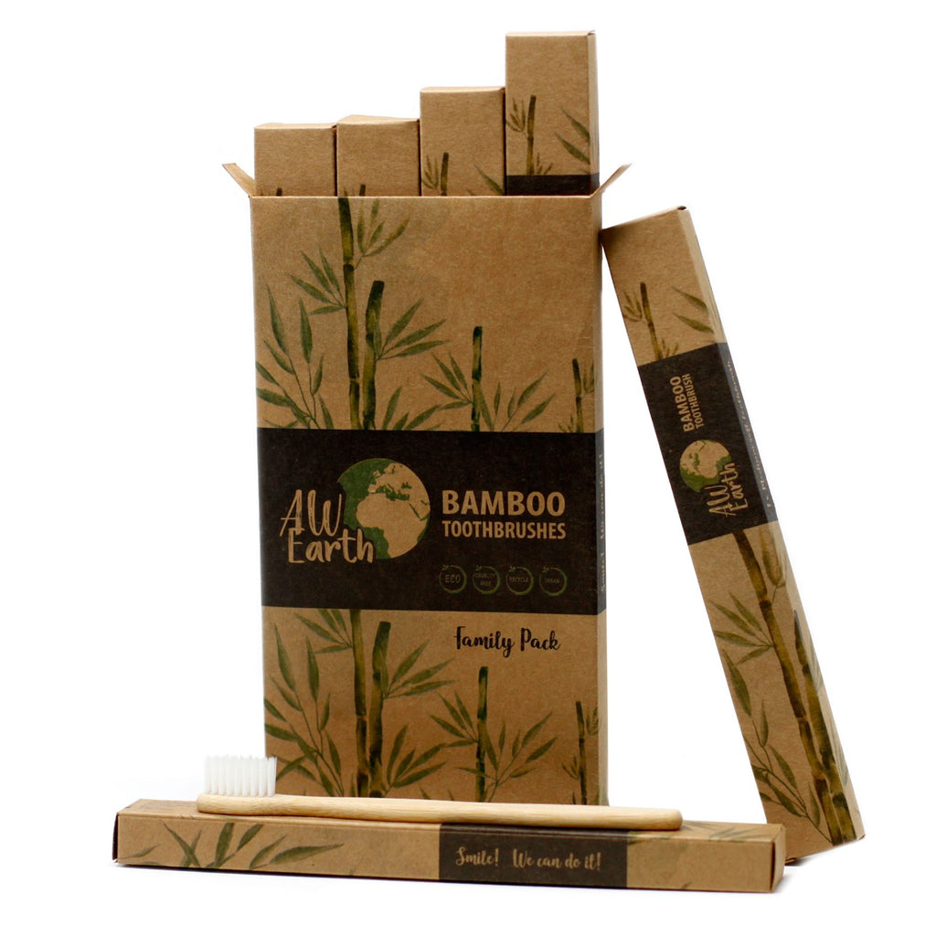 Bamboo Toothbrush Family Pack of 4 with Medium Soft Bristles