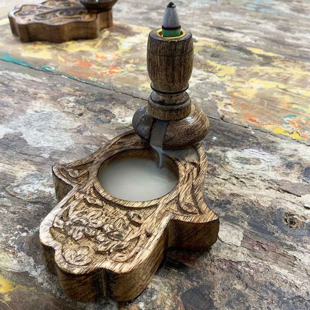 Small Mango Wood Backflow Burner Hamsa with Intricate Design Details