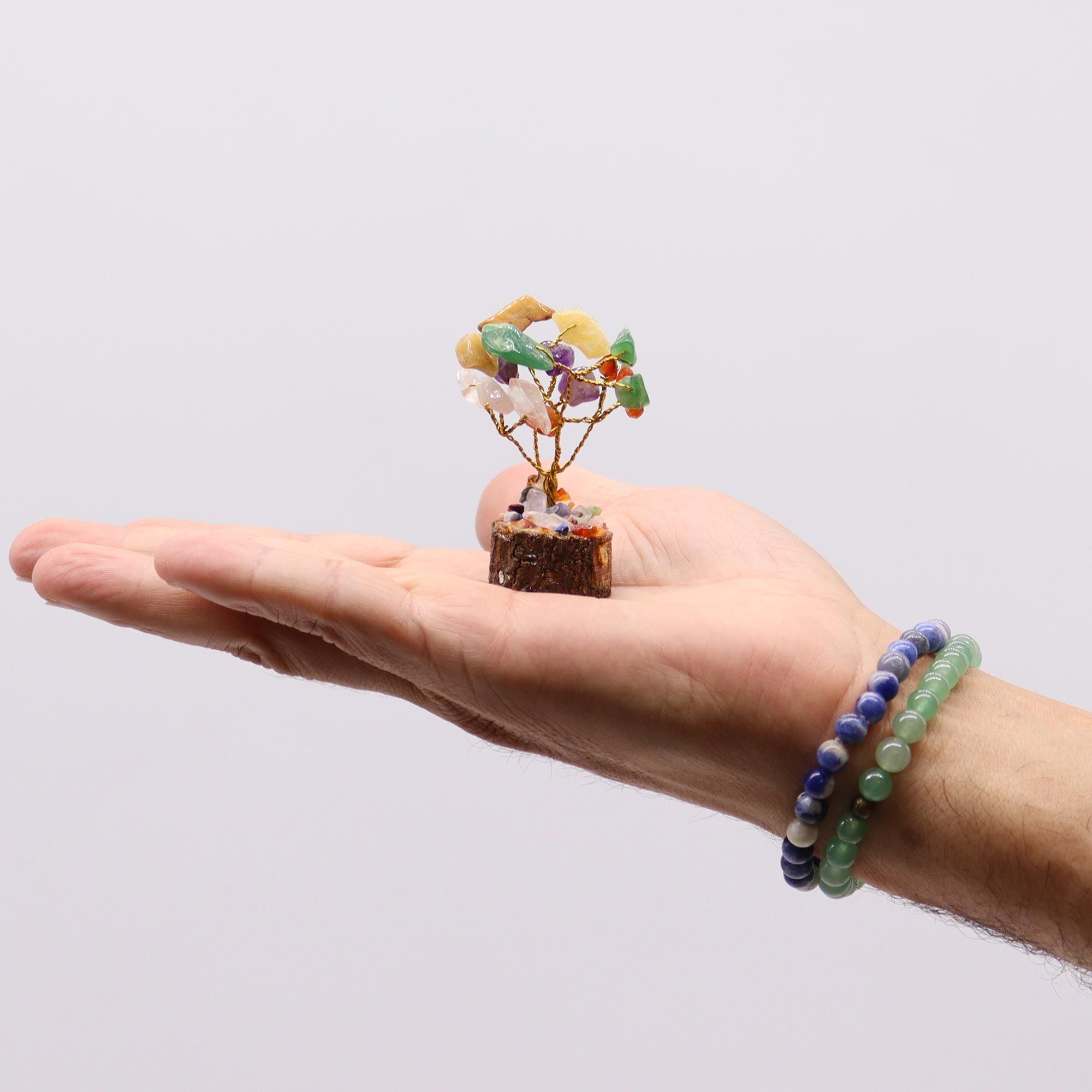 Mini Gemstone Tree on Wood Base with 15 Colourful Stones Display