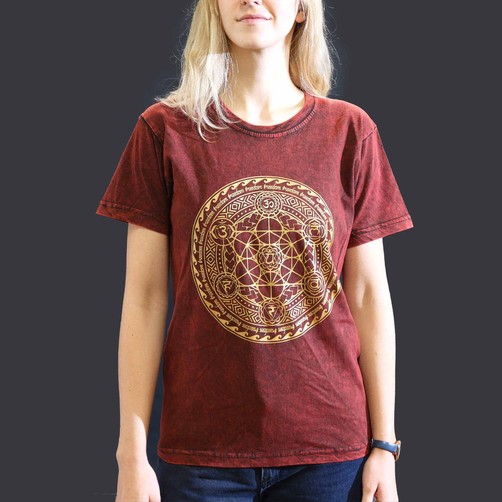 Nomad Sari Stonewashed Cotton T Shirt with Chakra Design in Maroon