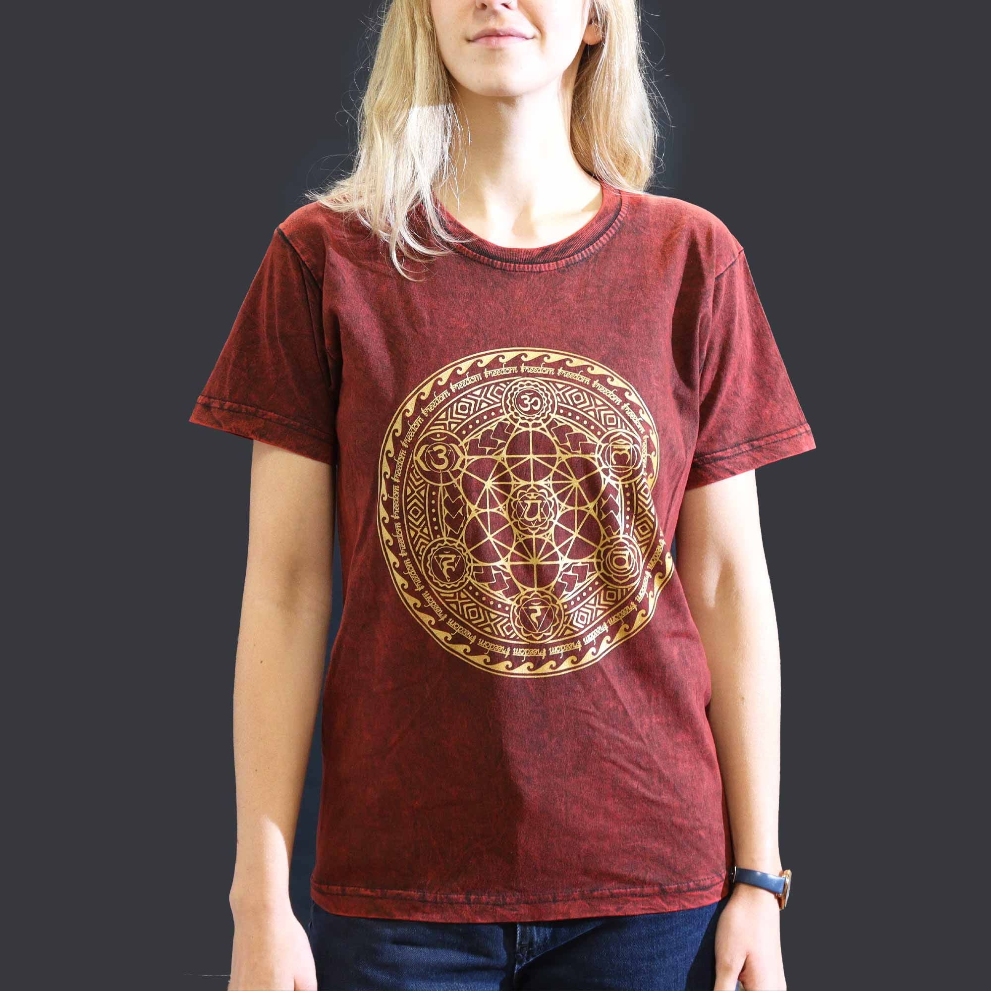 Nomad Sari Stonewashed Cotton T Shirt with Chakra Design in Maroon