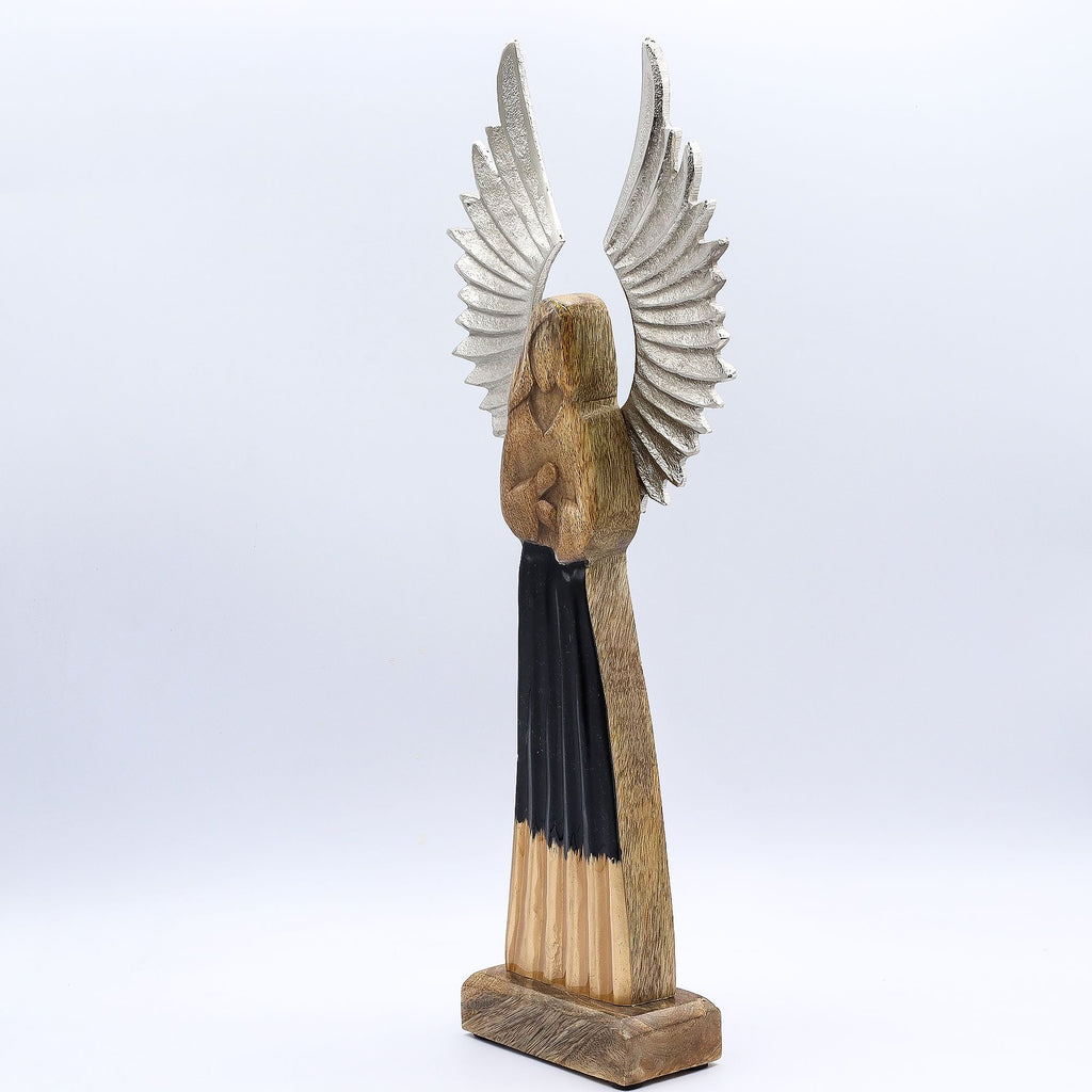 Large Mango Wood Guardian Angel with Metal Wings & Enamel Detail