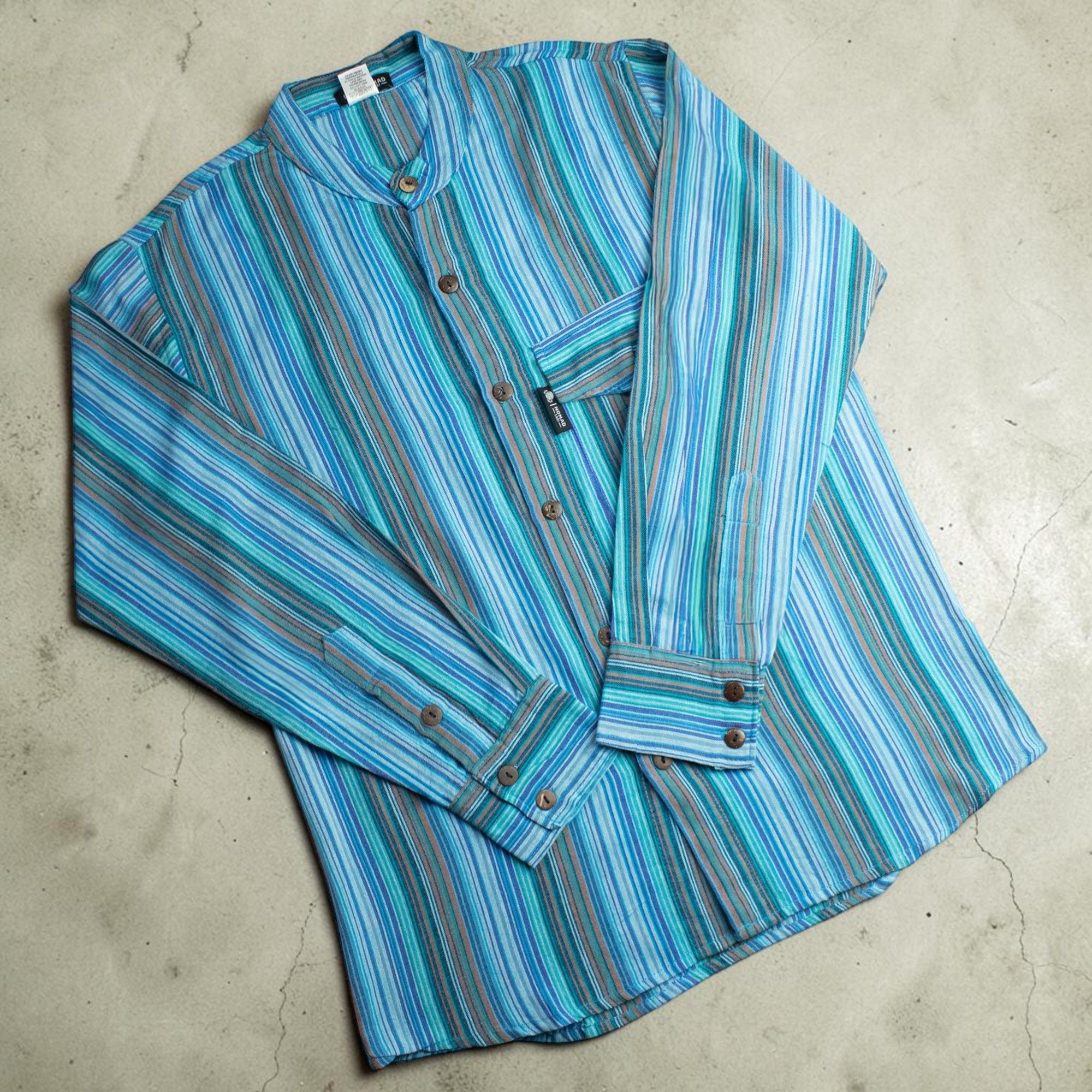 Nomad Sari Grandad Shirt in Turquoise with Striped Pattern