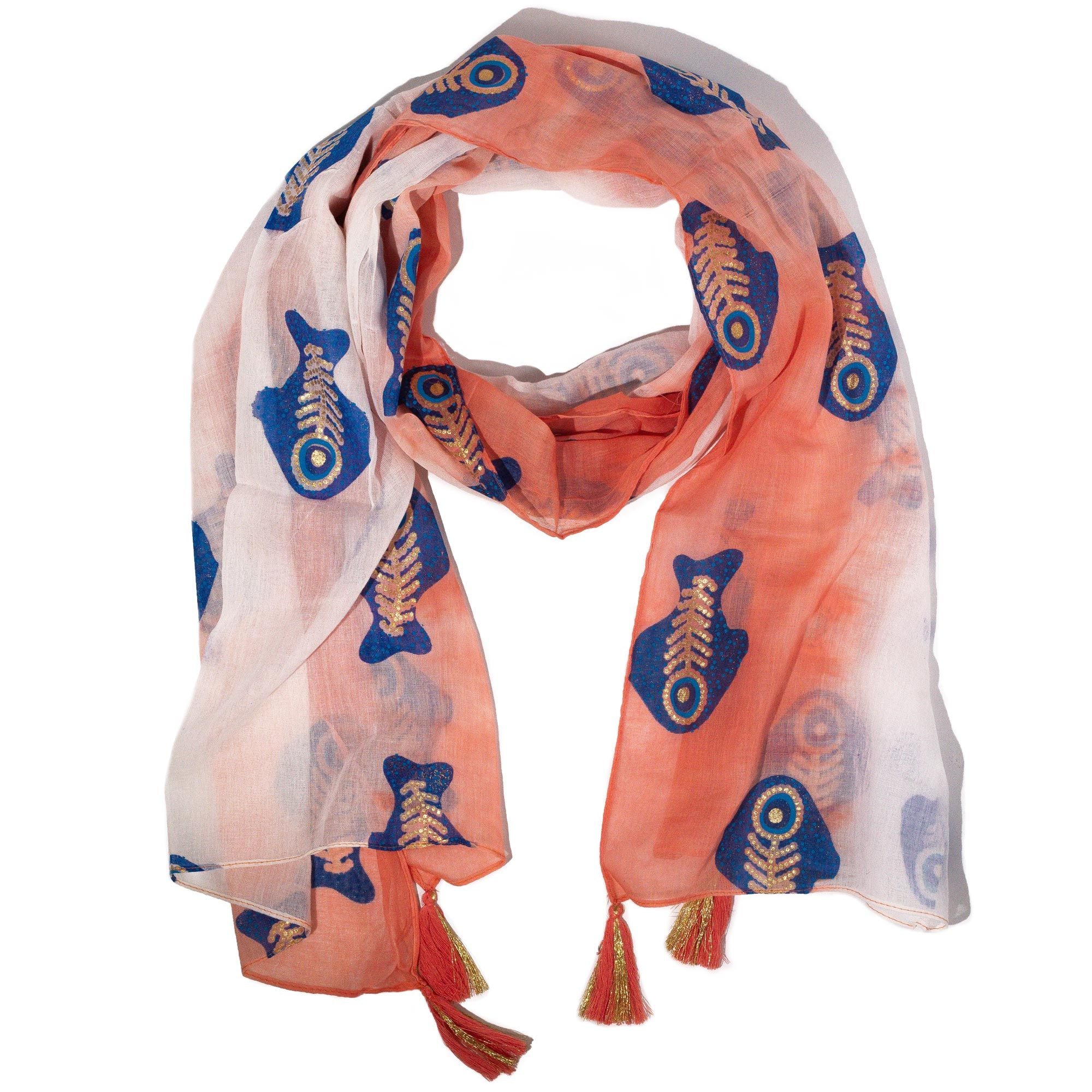 Nomad Sari Aqua Fish Scarf in Coral with Gold Foil Detail