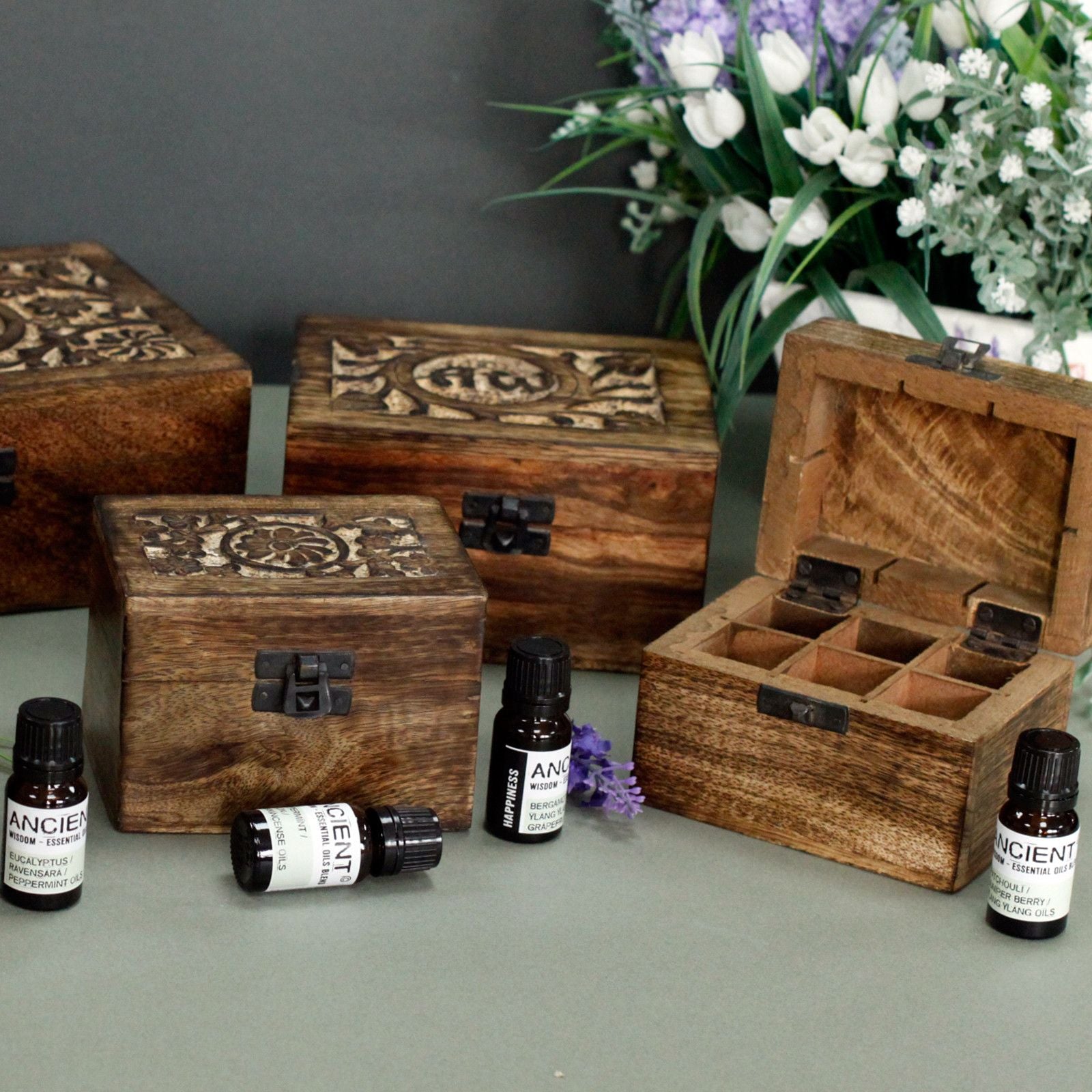 Mango Aromatherapy Box with Floral Design for 24 Essential Oils