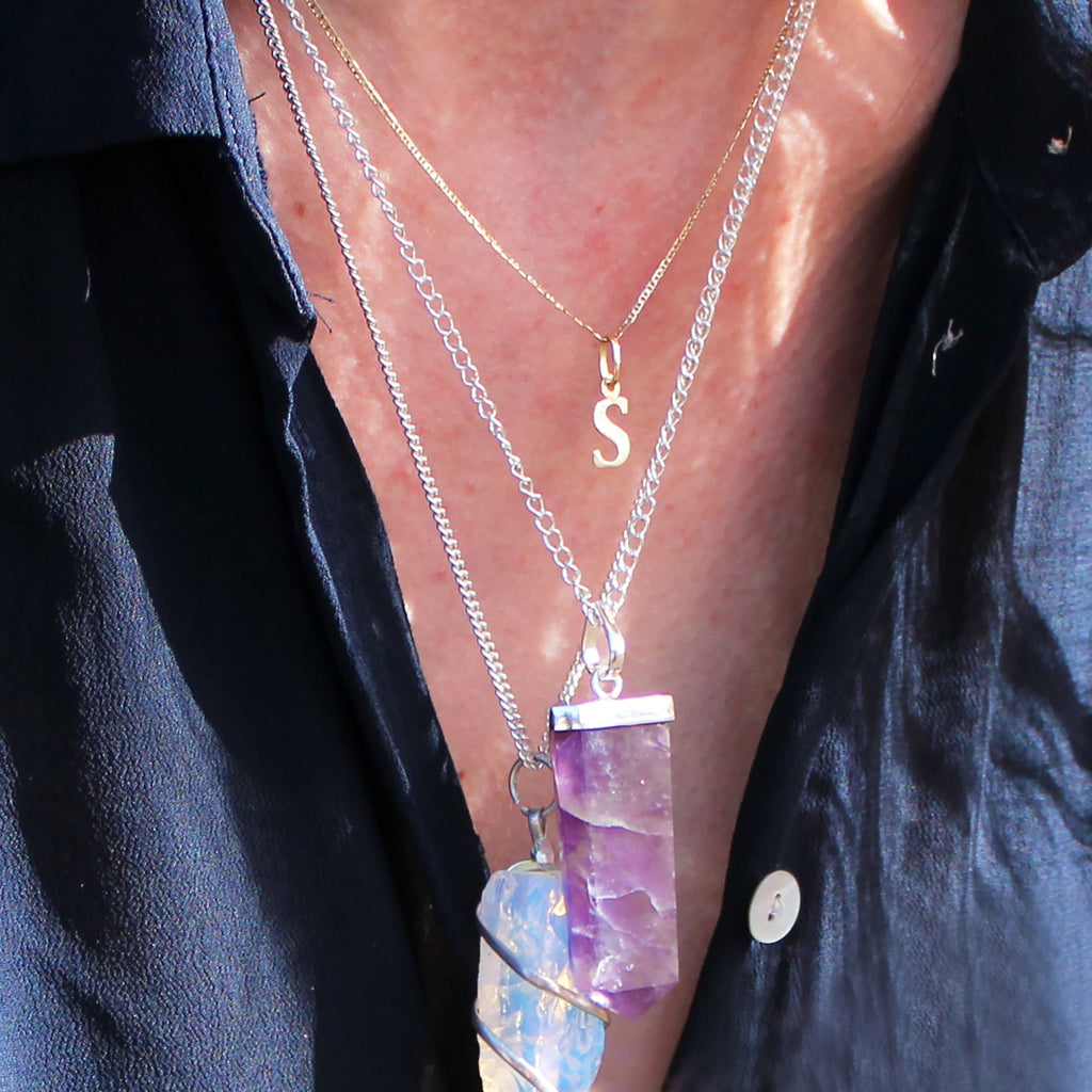 Gemstone Flat Pencil Pendant in Black Agate with Silver Chain