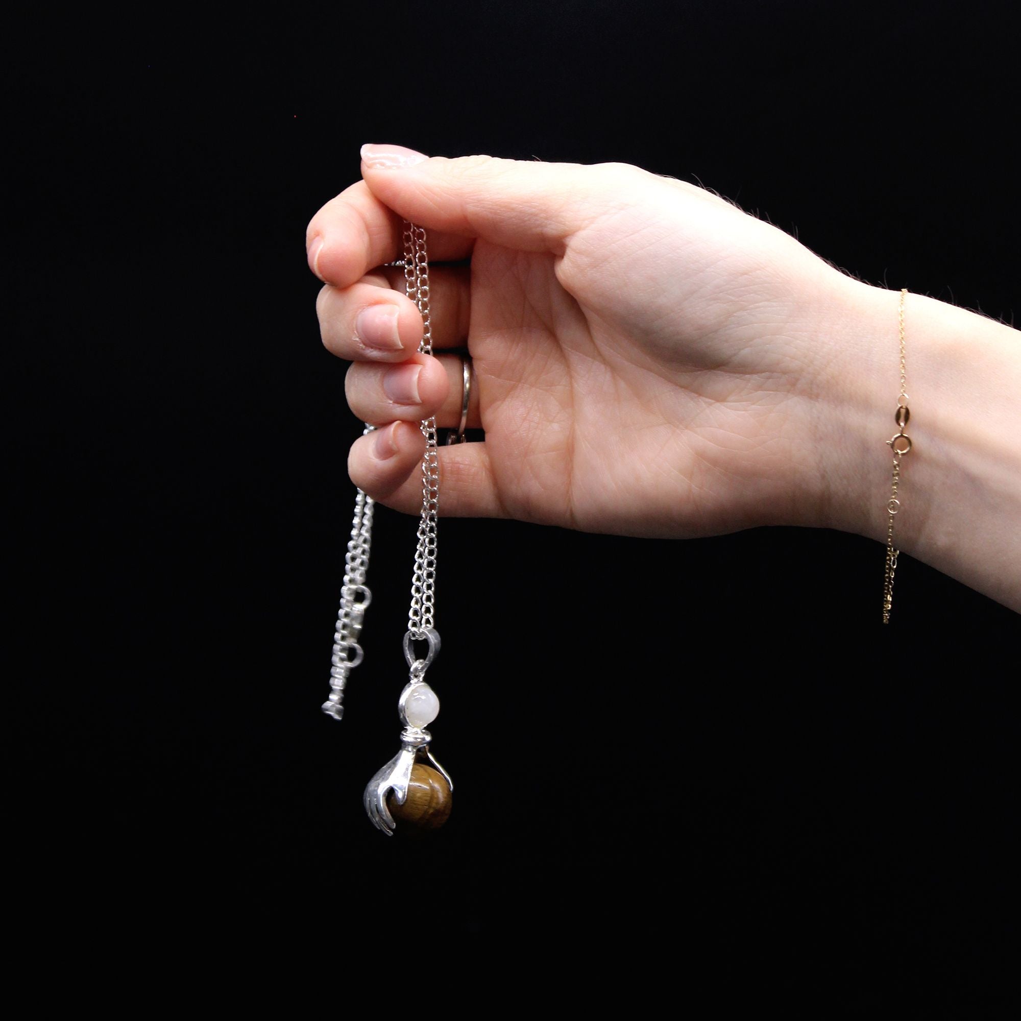 Gemstone Healing Hands Pendant with Tiger Eye and Silver Chain