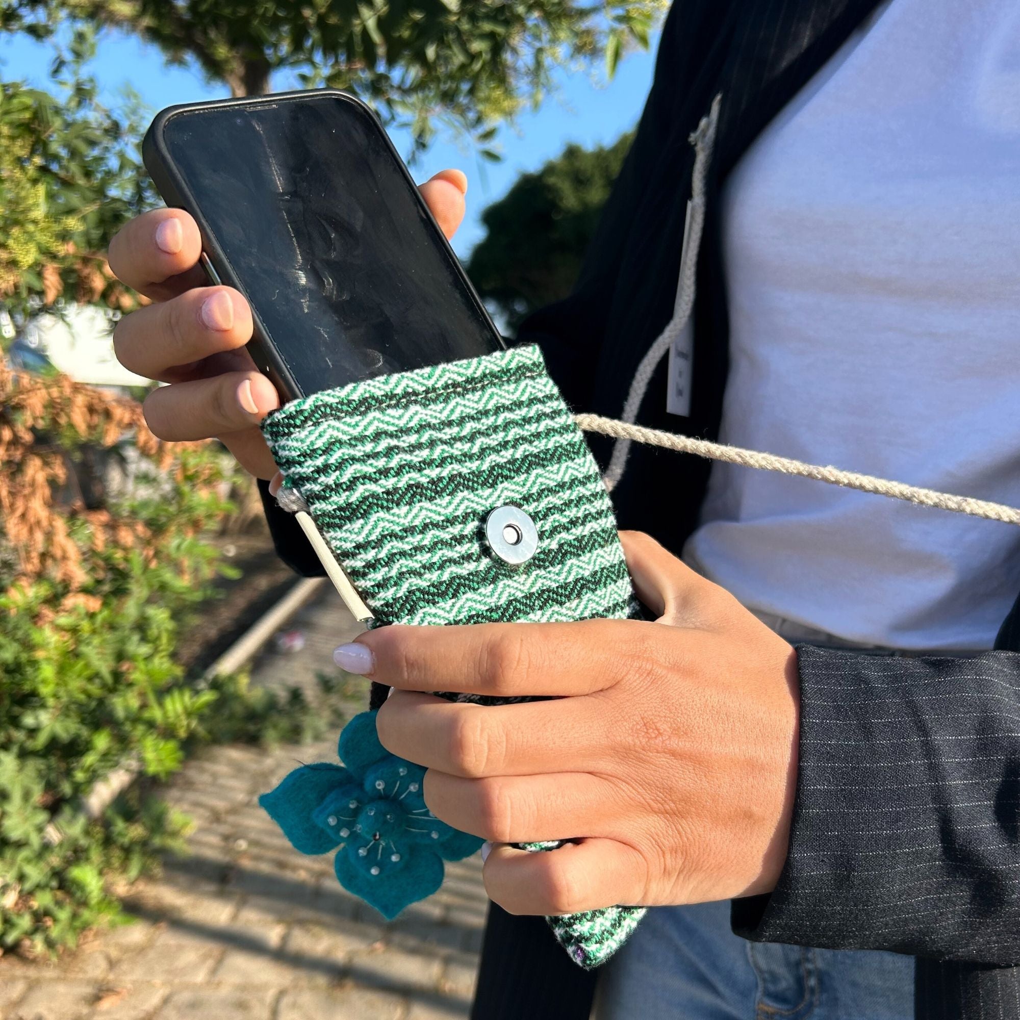 Handmade Phone Holder Bag with Green Stripes and Flower Decor