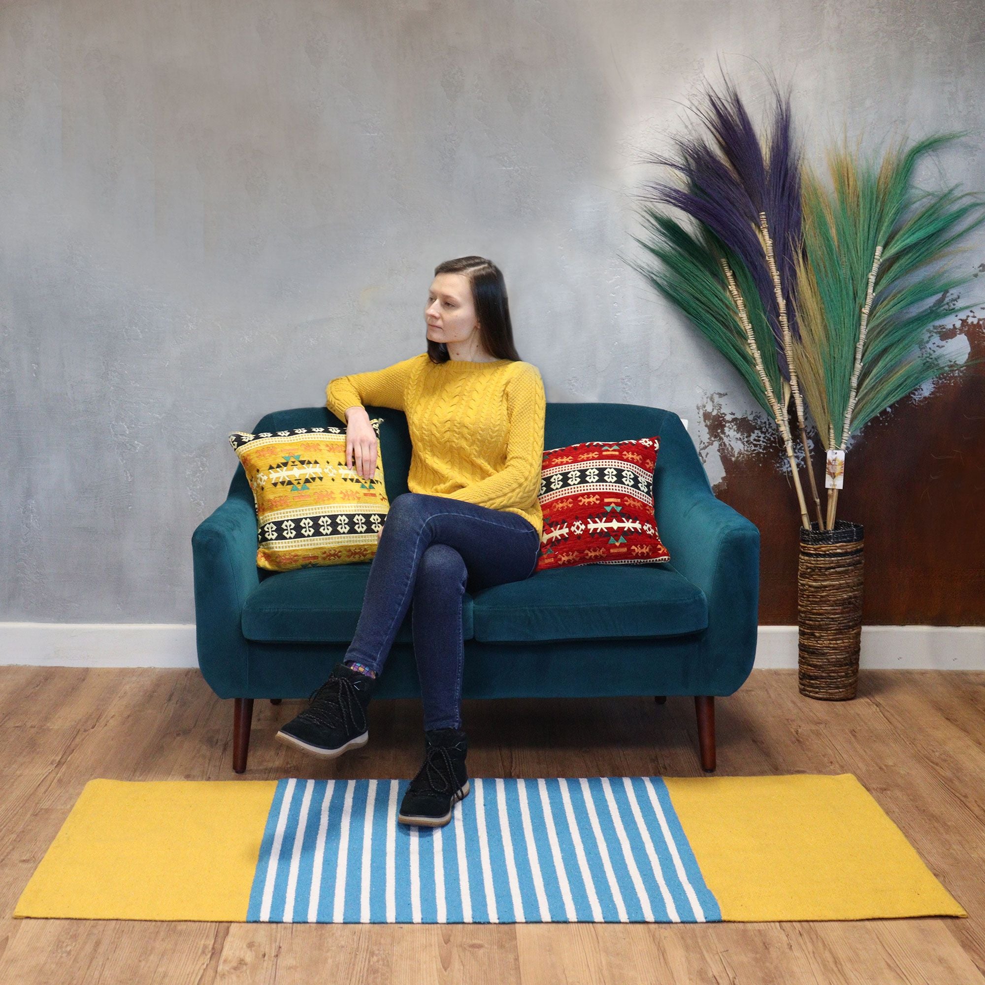 Indian Cotton Rug in Yellow and Blue 70x170cm for Home Decor