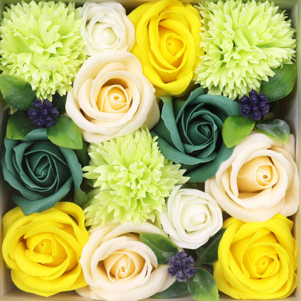 Square Box Spring Celebrations Soap Flowers in Yellow and Greens