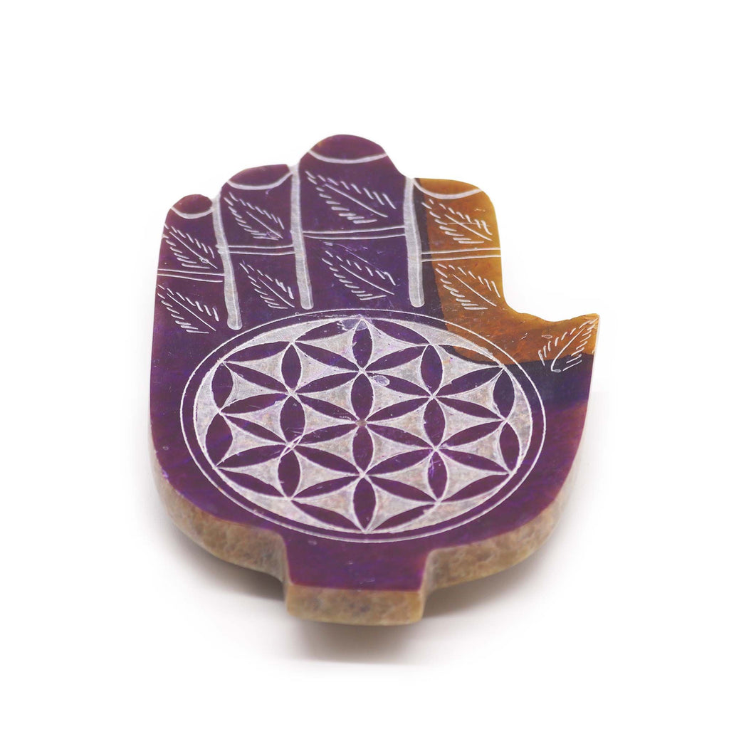 Soapstone Med Hamsa Incense Holder with Flower of Life Design